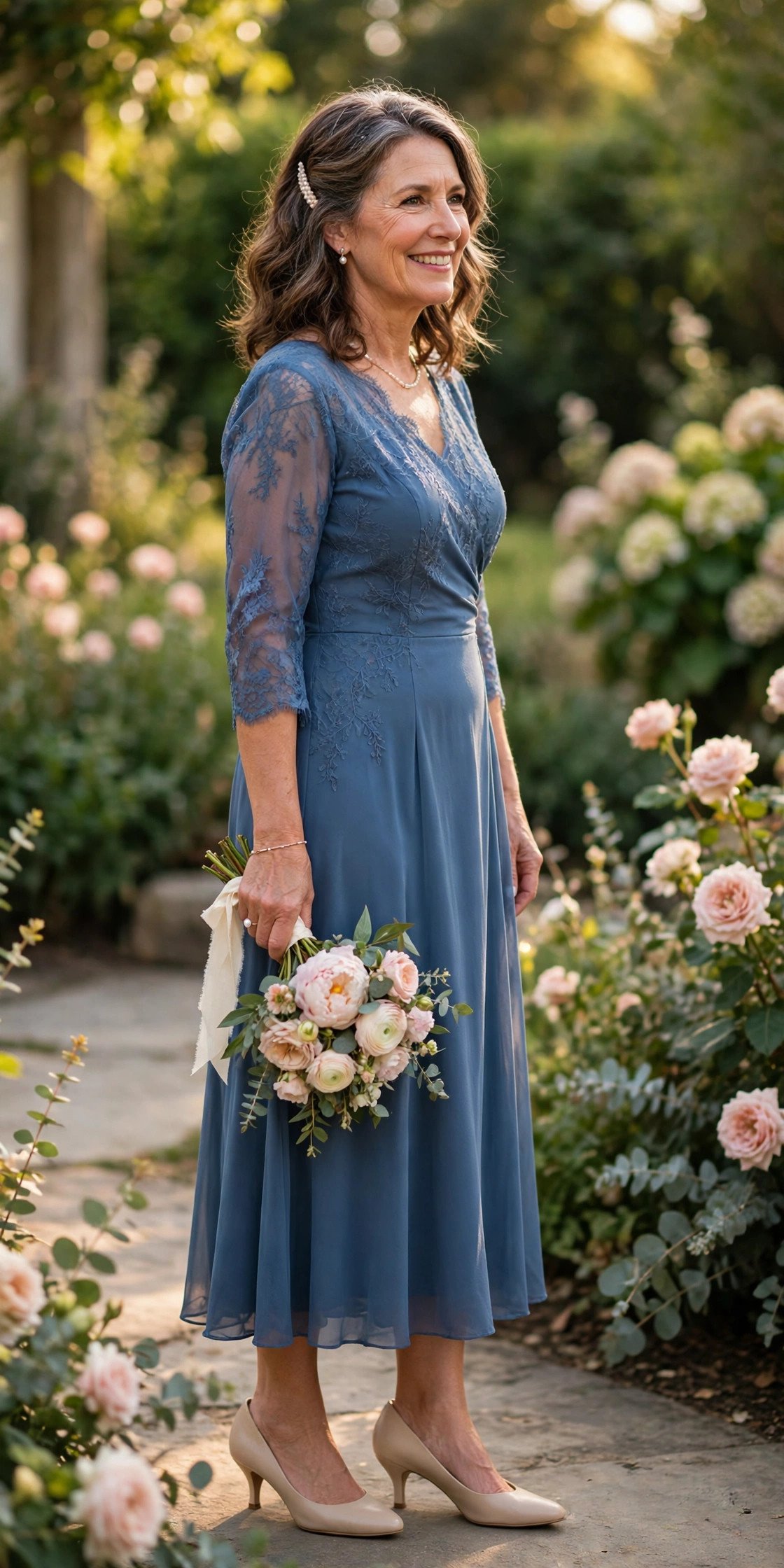 Mother of the bride in classic kitten-heel pumps