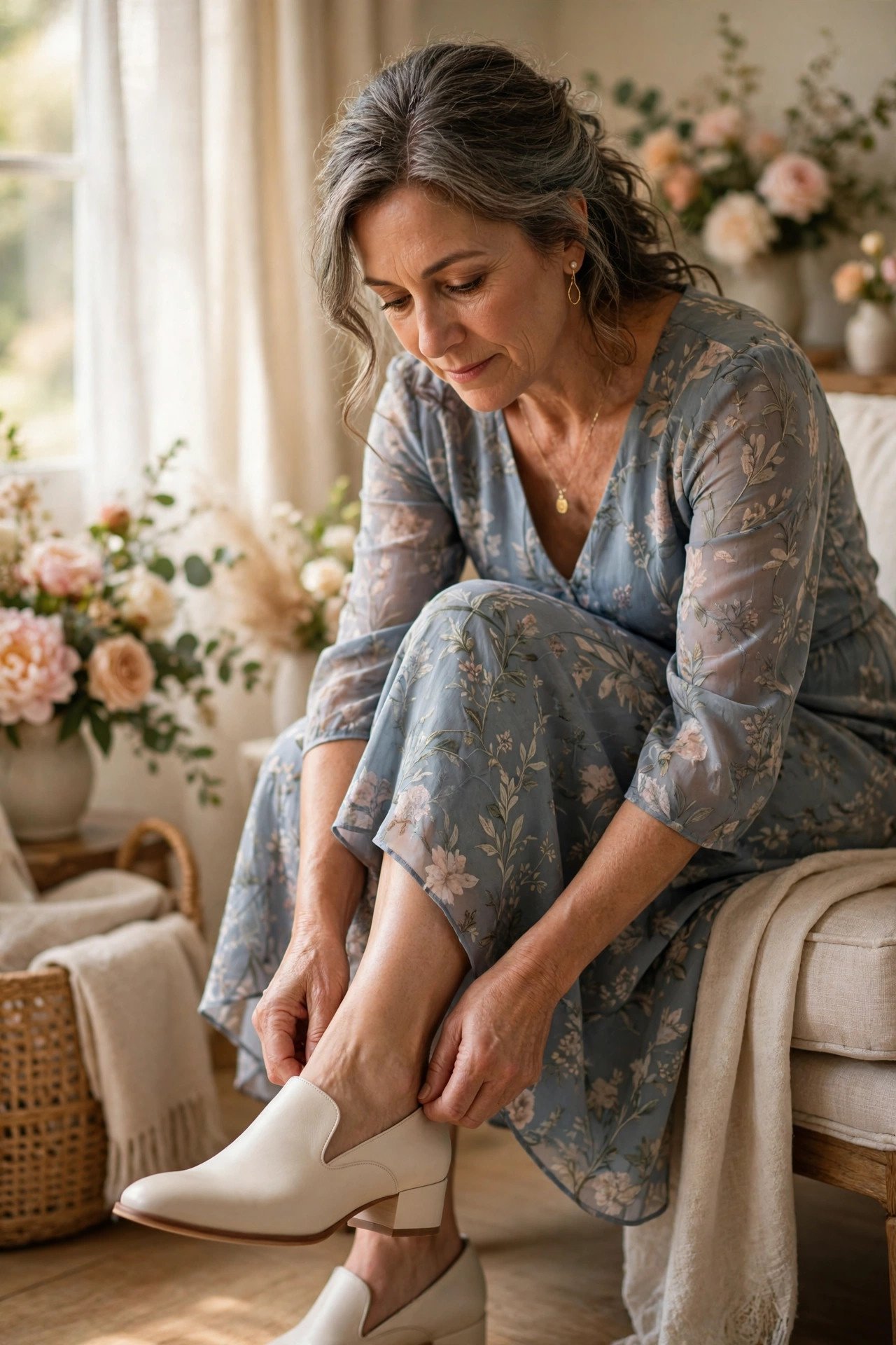 Mother of the bride trying on wide-width dress shoes