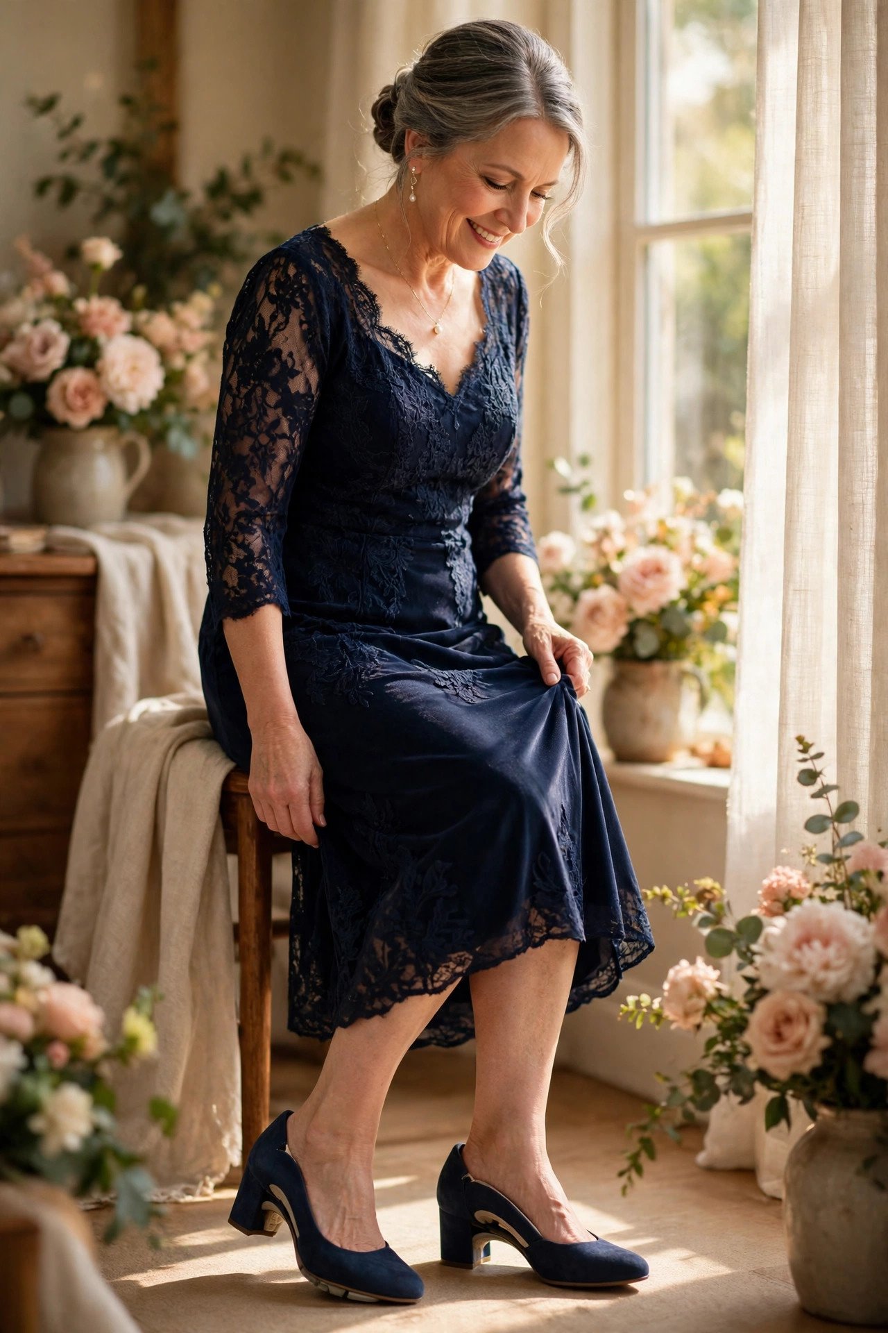 Mother of the bride in evening shoes with built-in arch support
