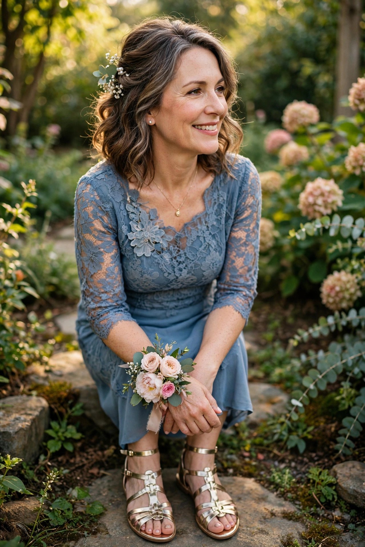 Mother of the bride wearing metallic gold wedding sandals