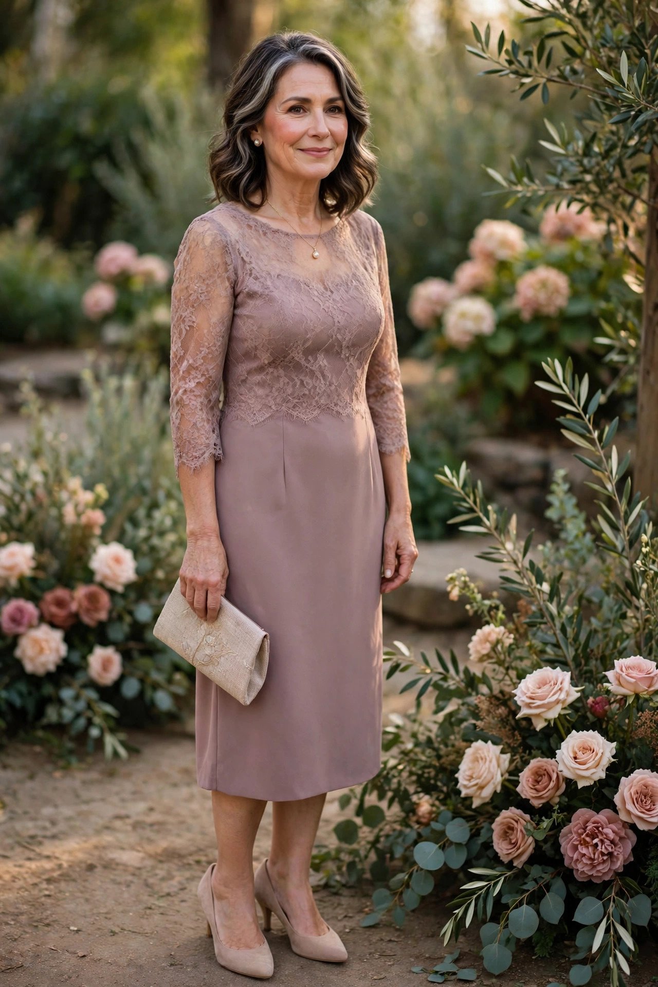 Mother of the bride wearing nude-tone pumps