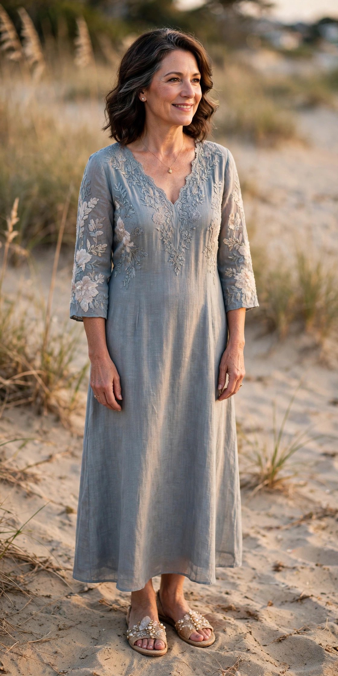 Mother of the bride in embellished flat sandals on sand