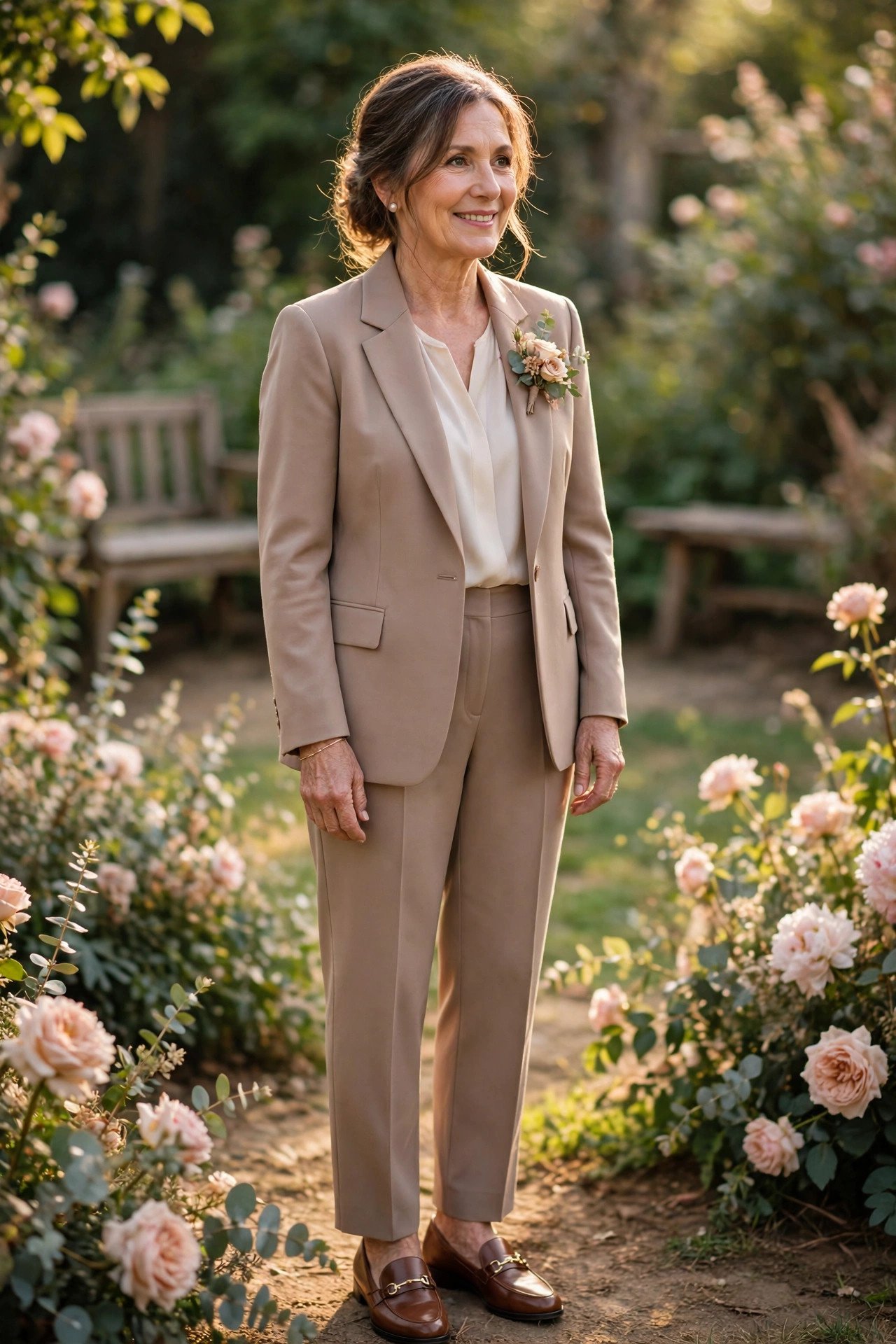 Mother of the bride in dressy loafers with a pantsuit