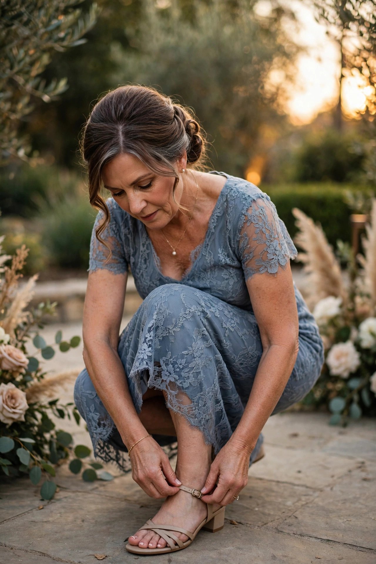 Mother of the bride adjusting a sandal strap in the evening