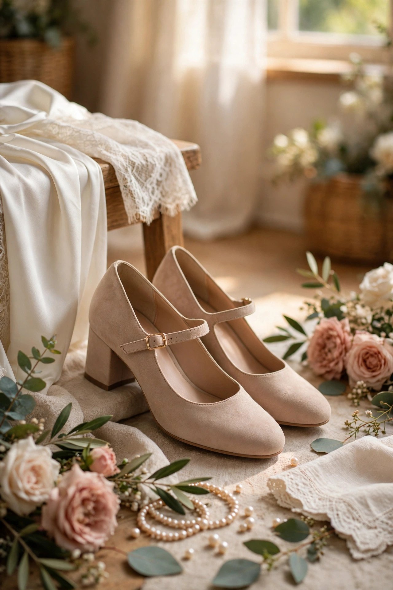 Elegant comfortable low block-heel shoes for the mother of the bride