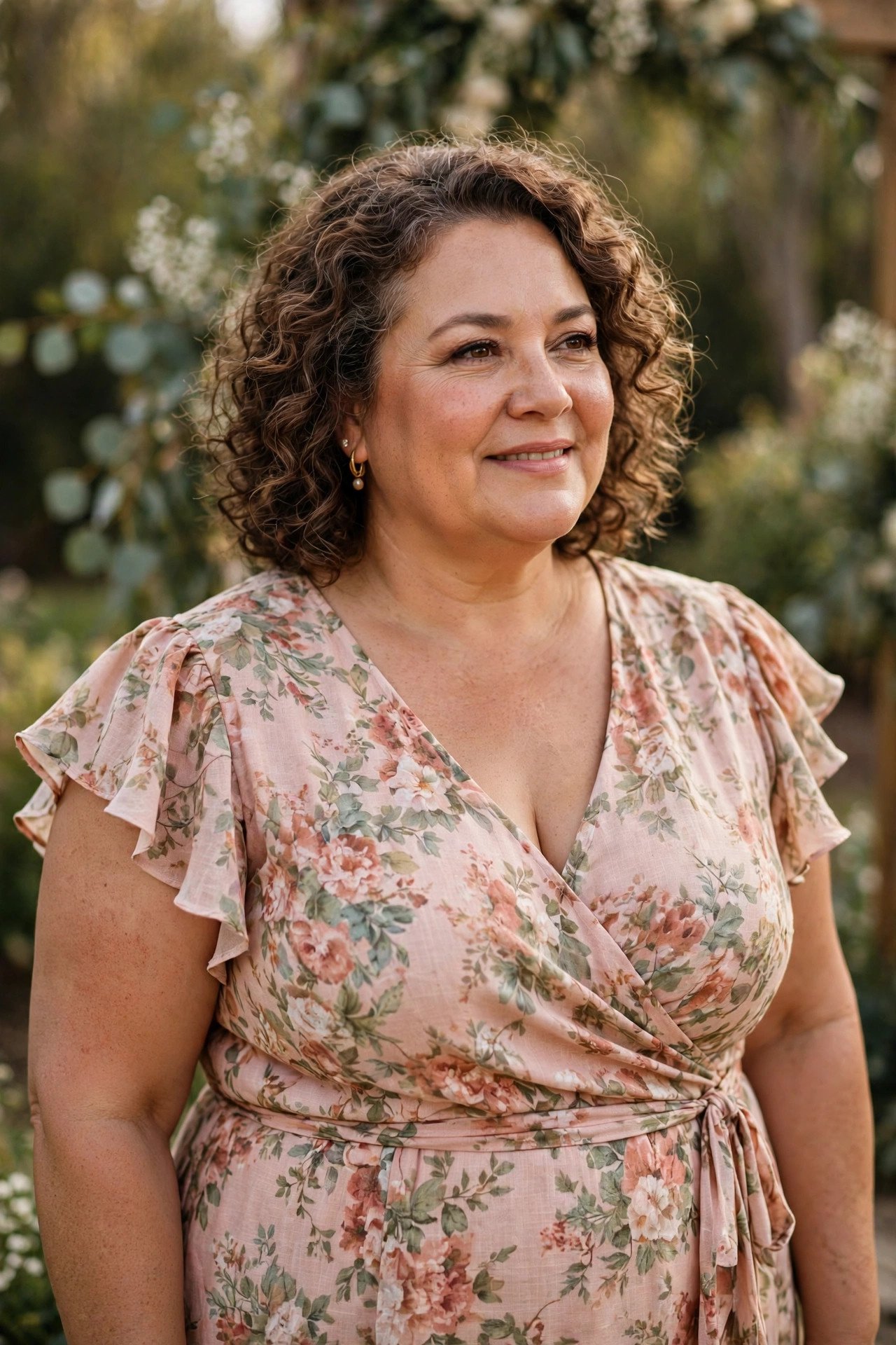 Plus size mother of the bride in a wrap dress with flutter sleeves