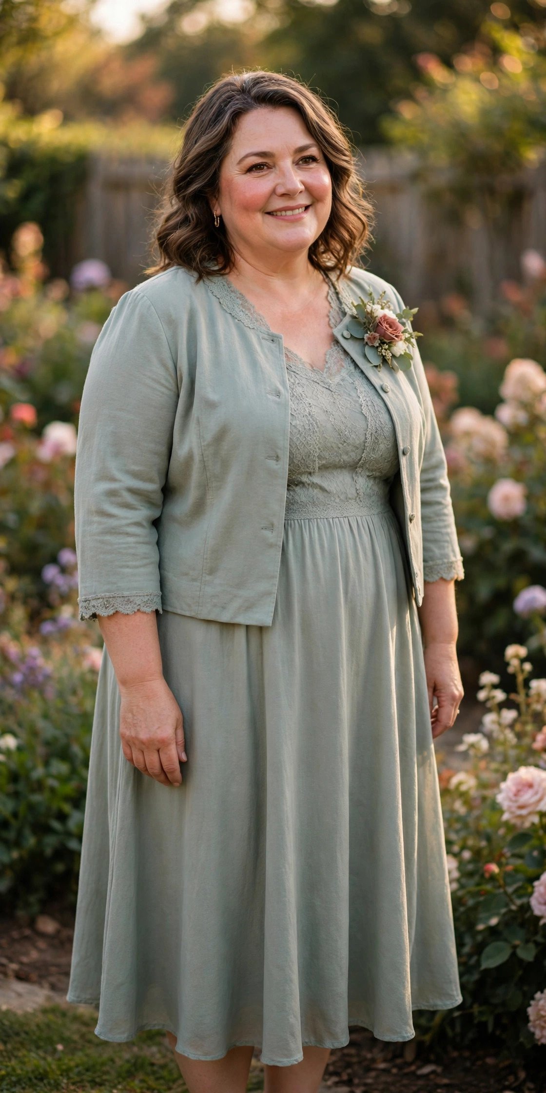 Plus size mother of the bride in a tea-length dress with a matching jacket