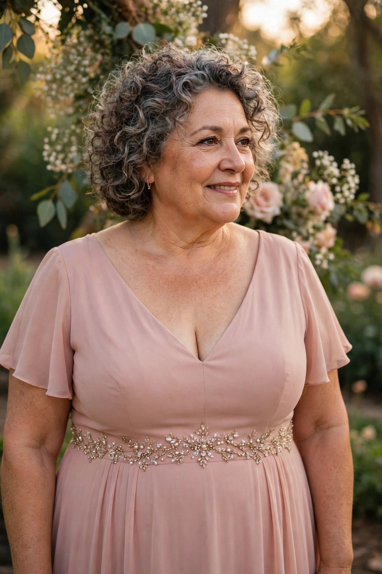 Plus size mother of the bride in a V-neck gown with a beaded waistband