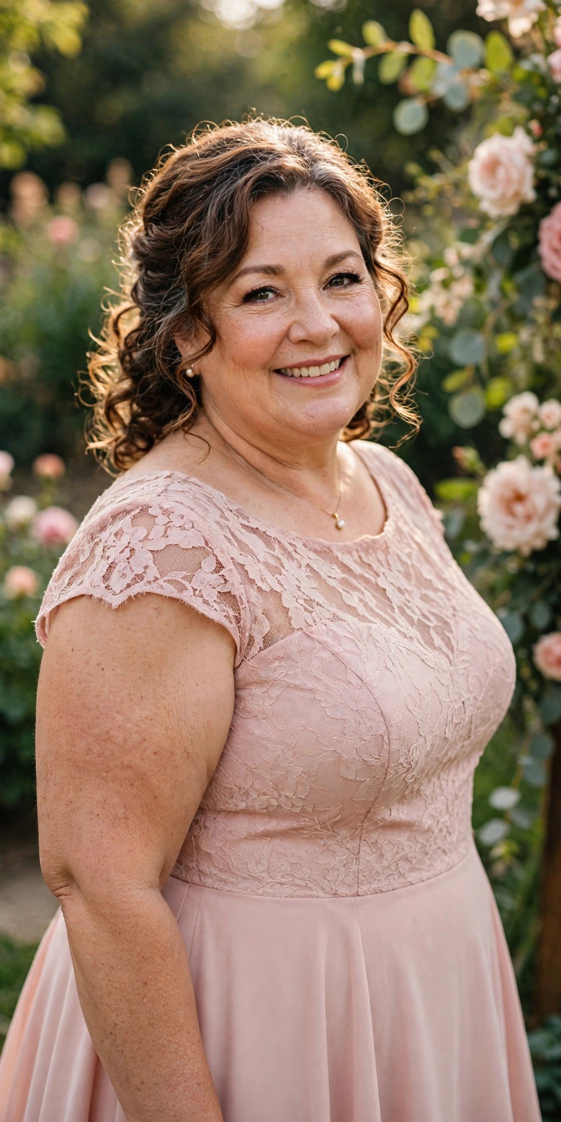 Plus size mother of the bride in a cap-sleeve fit-and-flare dress