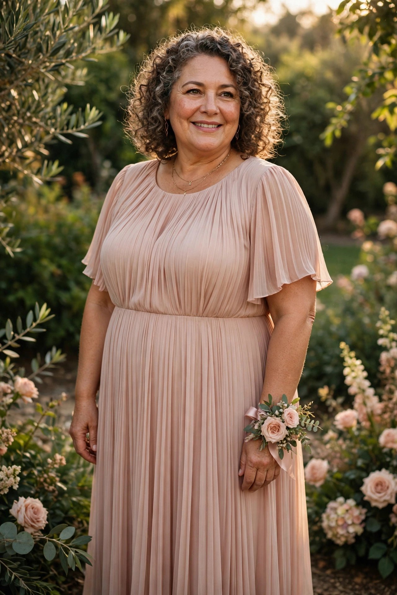 Plus size mother of the bride in a pleated chiffon maxi dress