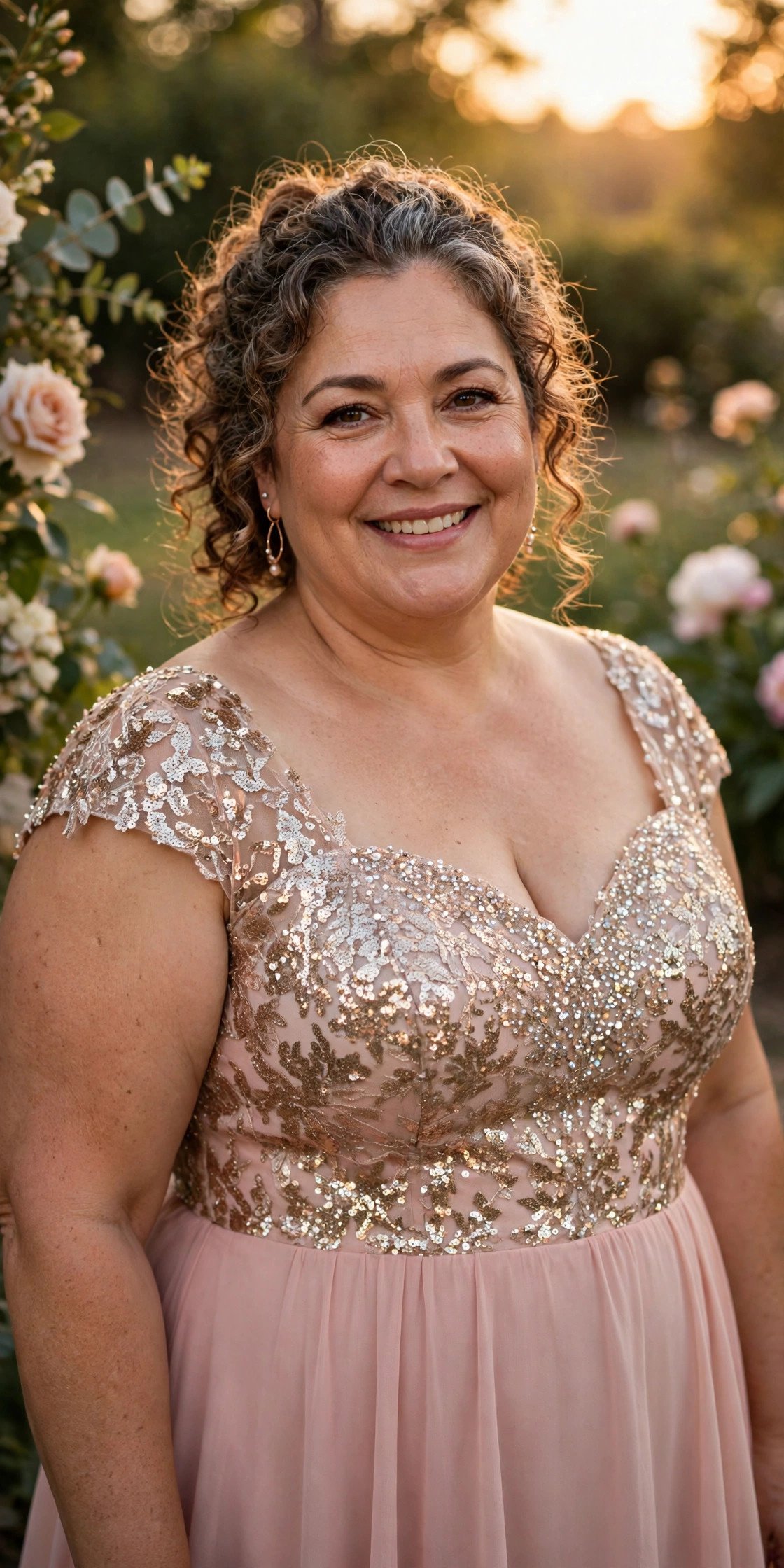 Plus size mother of the bride in a gown with a sequin bodice