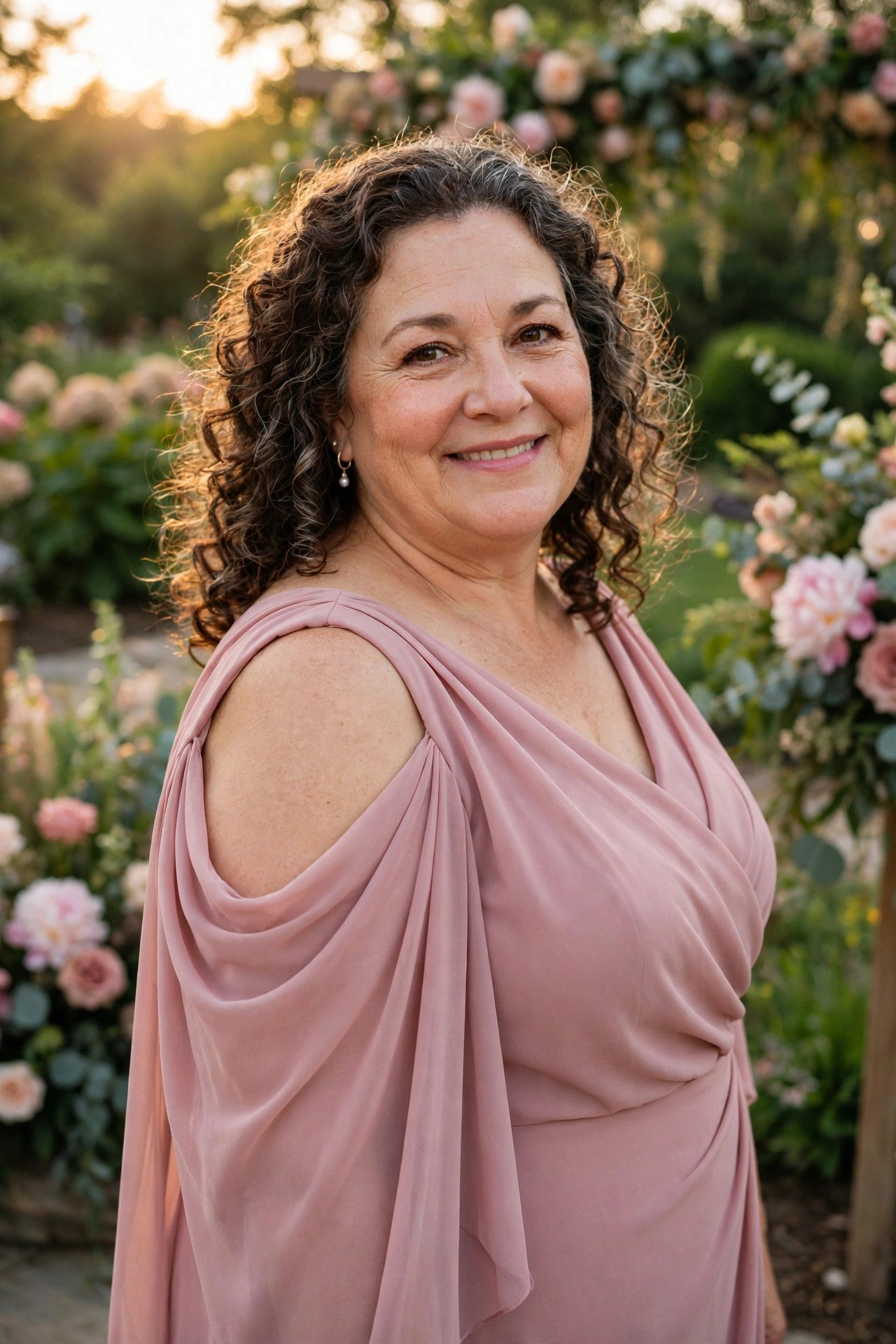 Plus size mother of the bride in a cold-shoulder dress with draped sleeves
