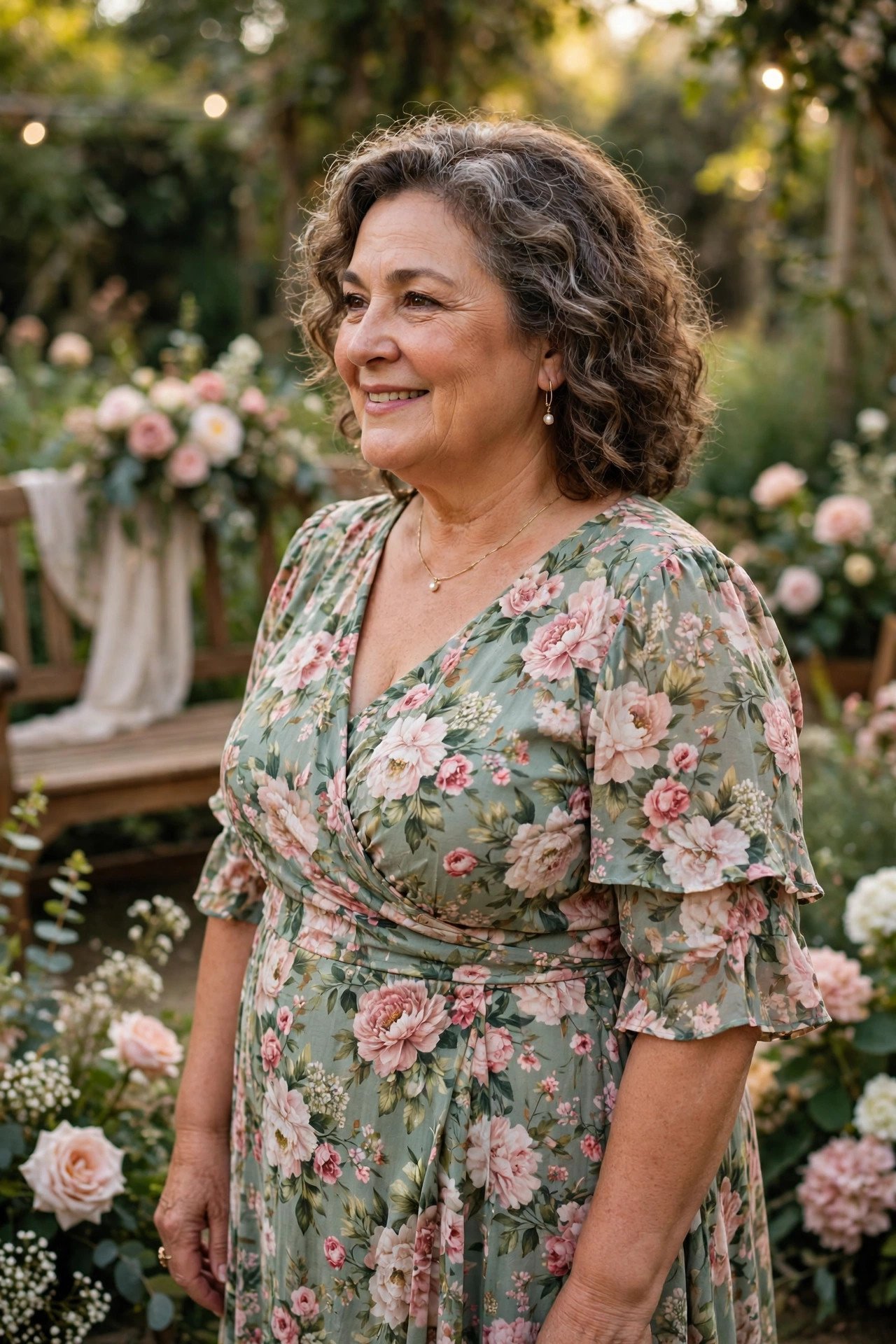 Plus size mother of the bride in a floral print garden dress