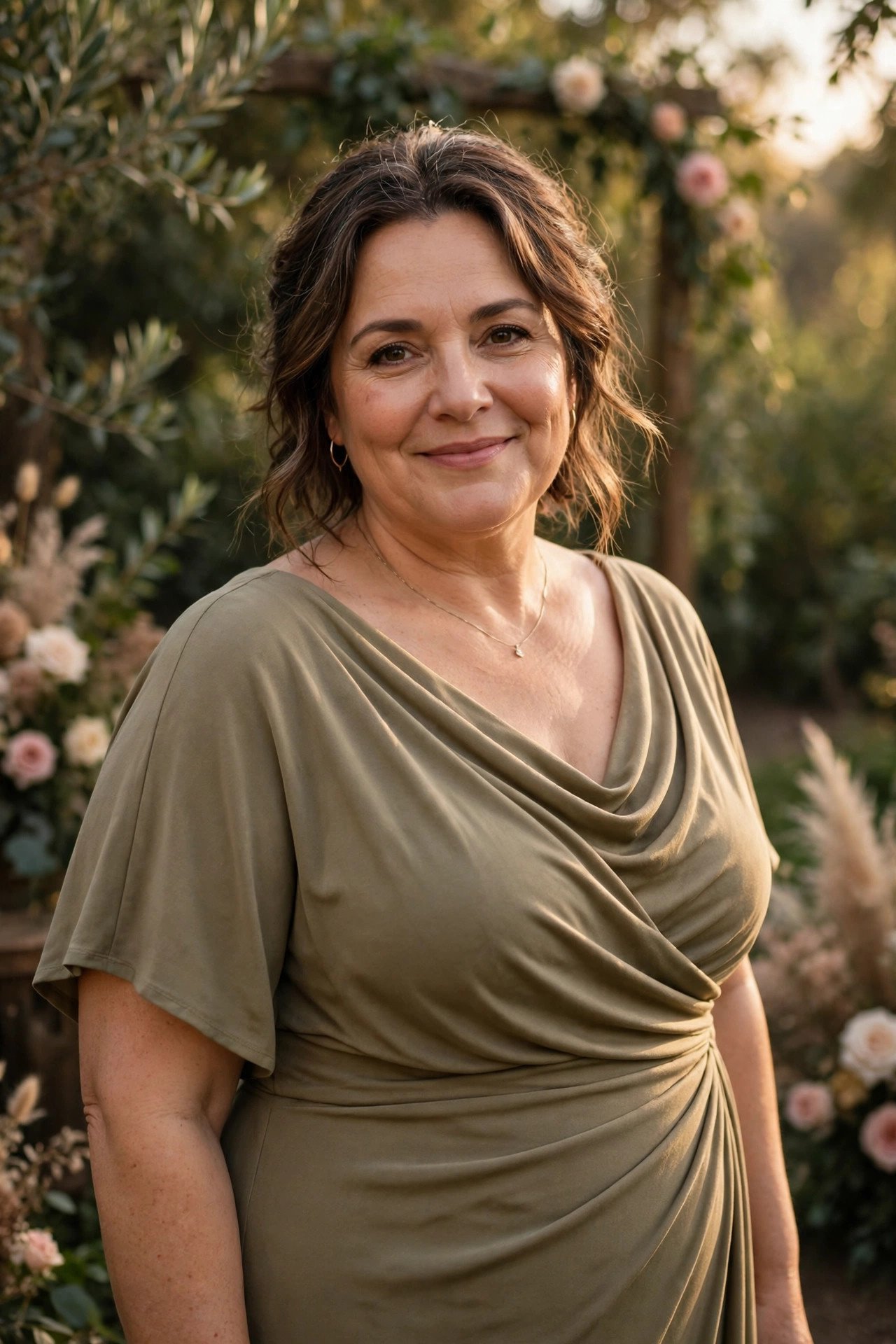 Plus size mother of the bride in a draped matte jersey dress