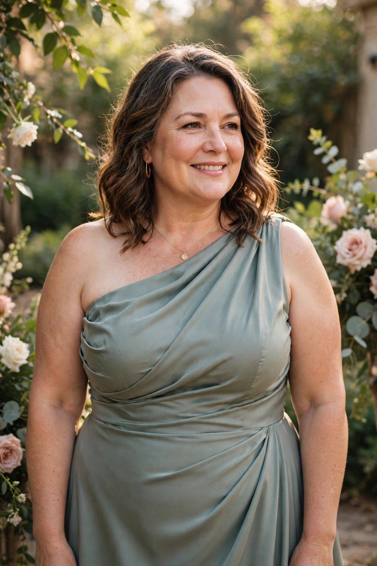 Plus size mother of the bride in an asymmetric neckline gown