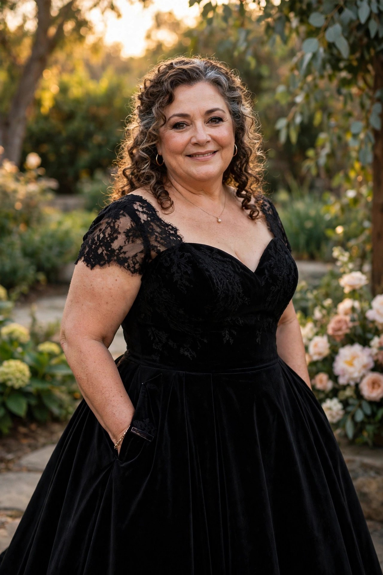 Plus size mother of the bride in a black-tie ballgown with pockets