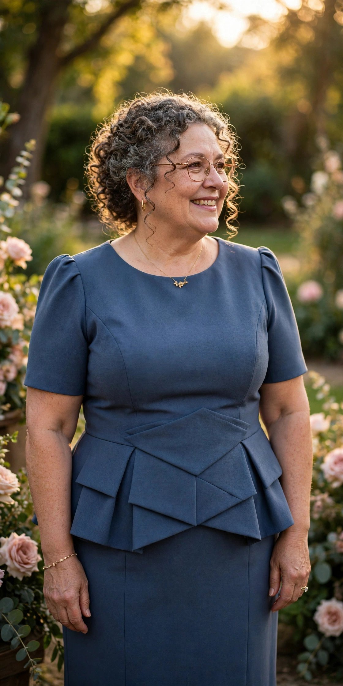 Plus size mother of the bride in a structured peplum dress