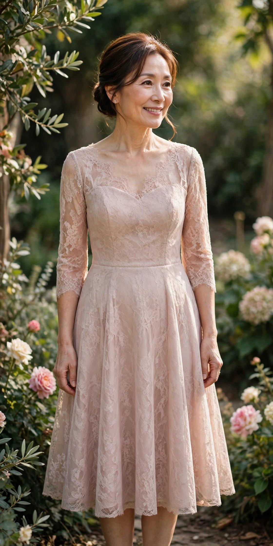Petite mother of the bride in a tea-length A-line dress