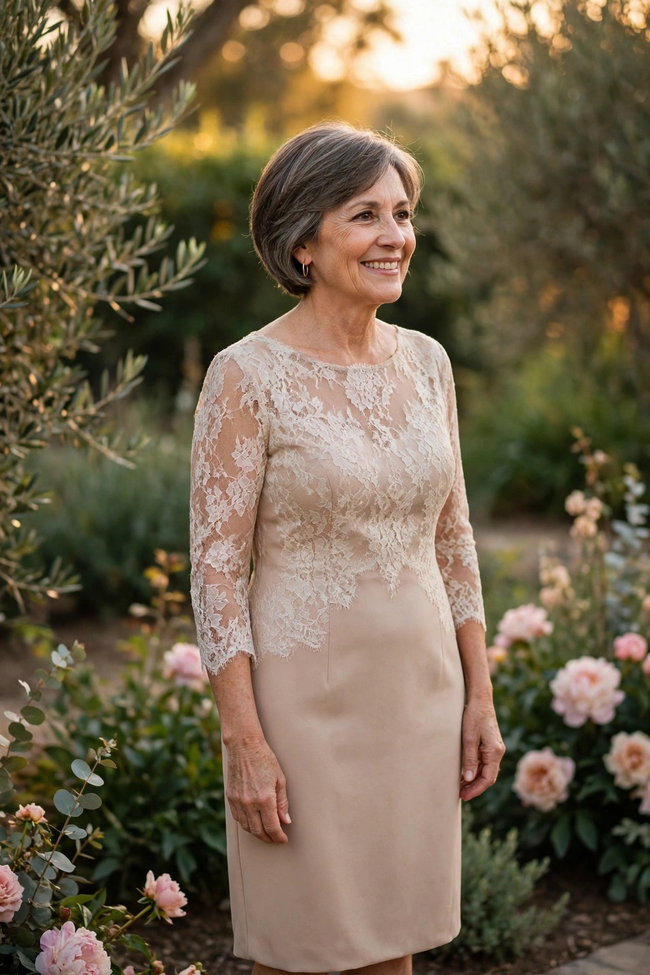 Petite mother of the bride in a knee-length sheath dress with lace overlay
