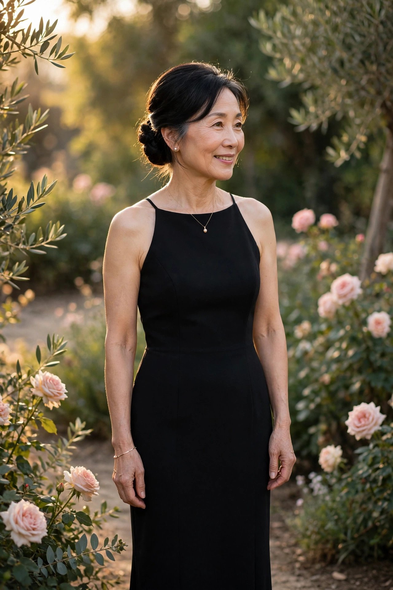 Petite mother of the bride in a monochrome column dress