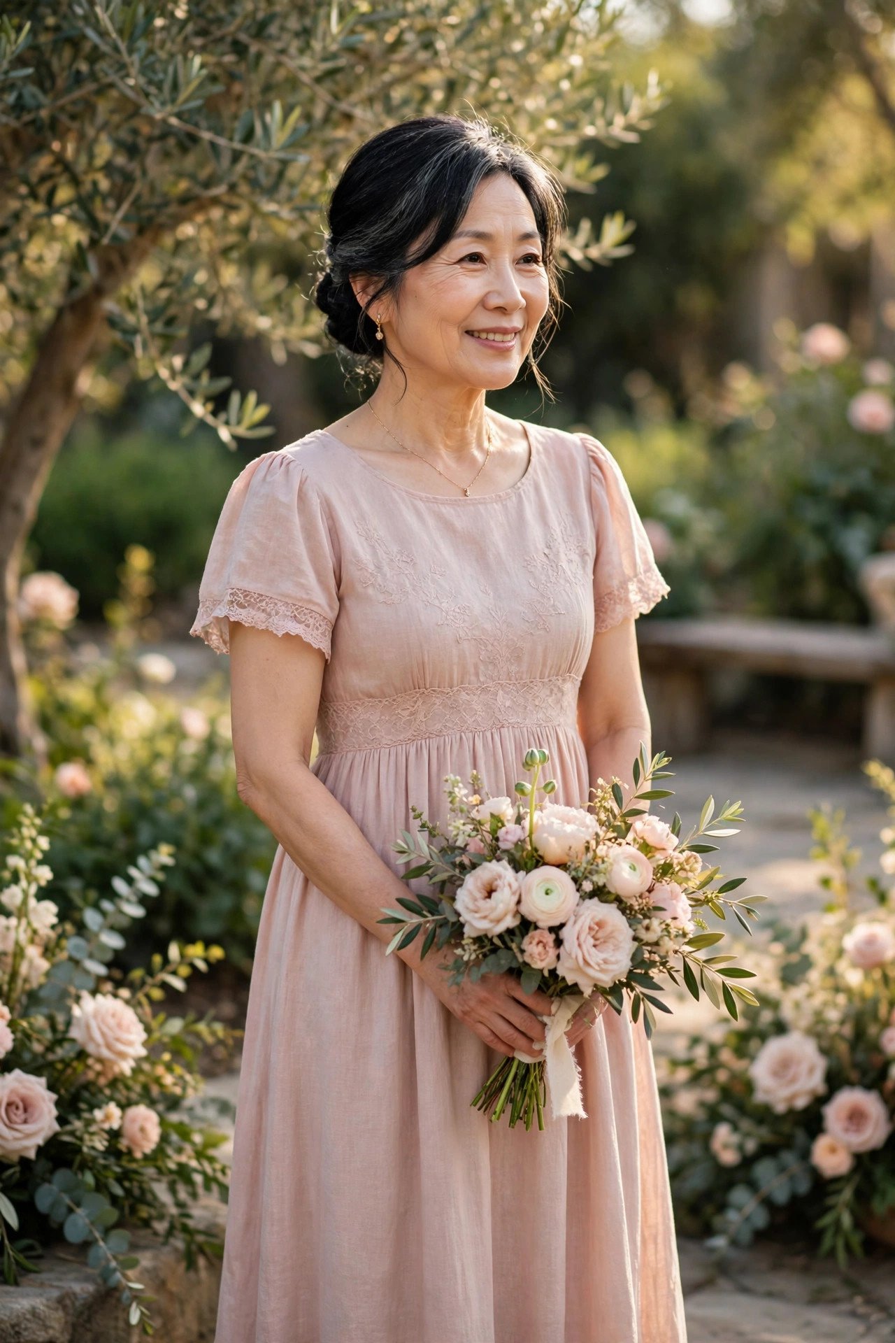 Petite mother of the bride in an empire-waist midi dress
