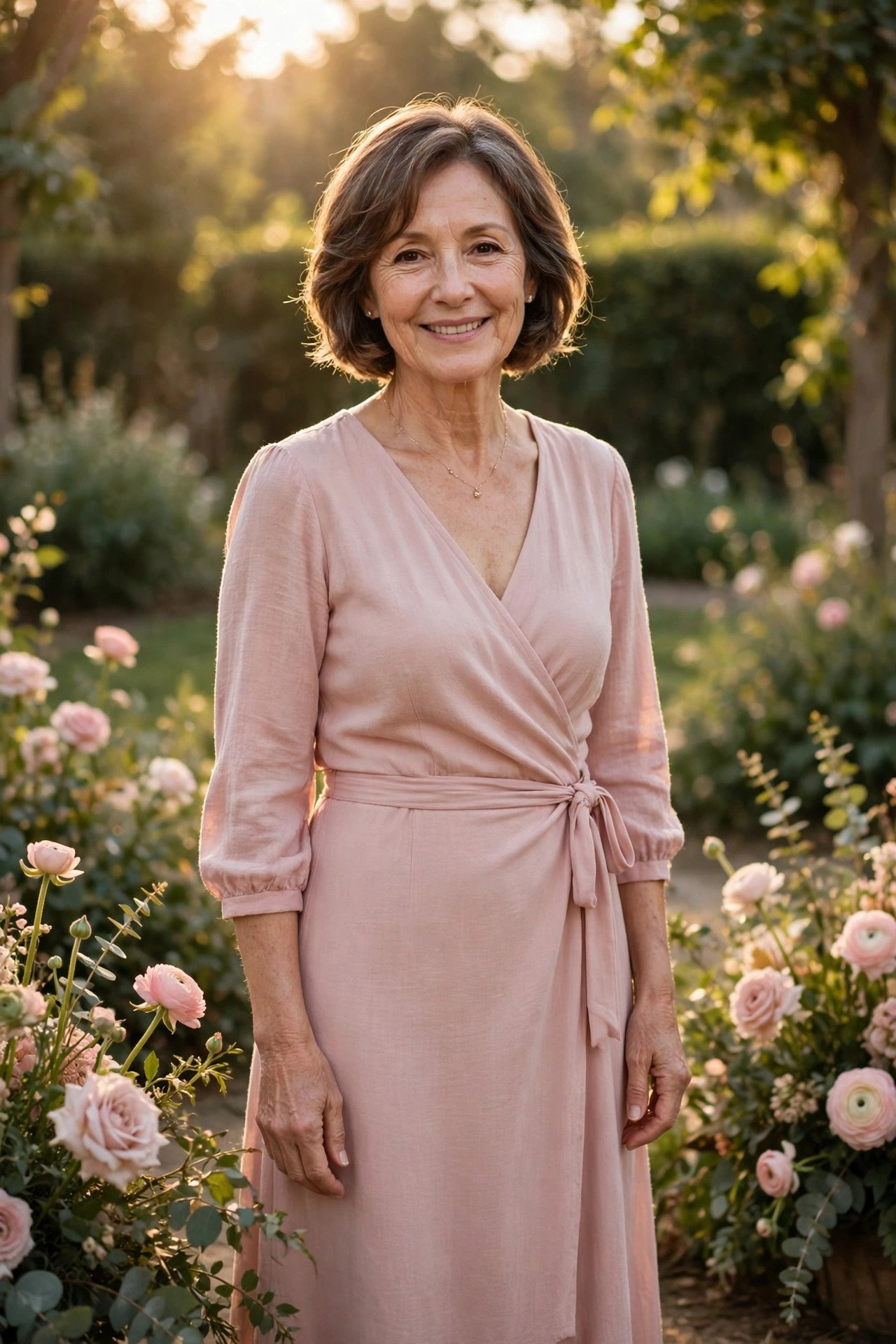 Petite mother of the bride in a V-neck wrap midi dress
