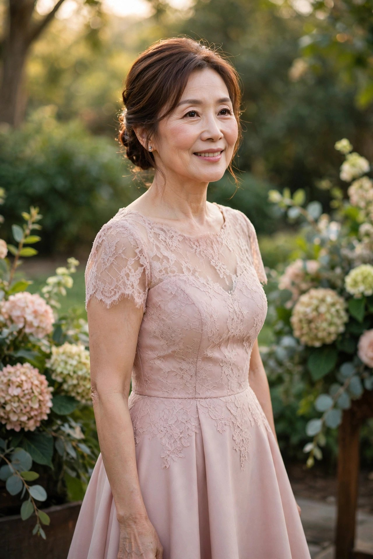 Petite mother of the bride in a fit-and-flare cocktail dress