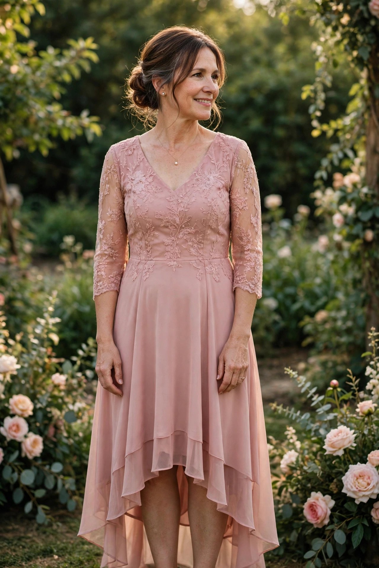 Petite mother of the bride in a high-low midi dress