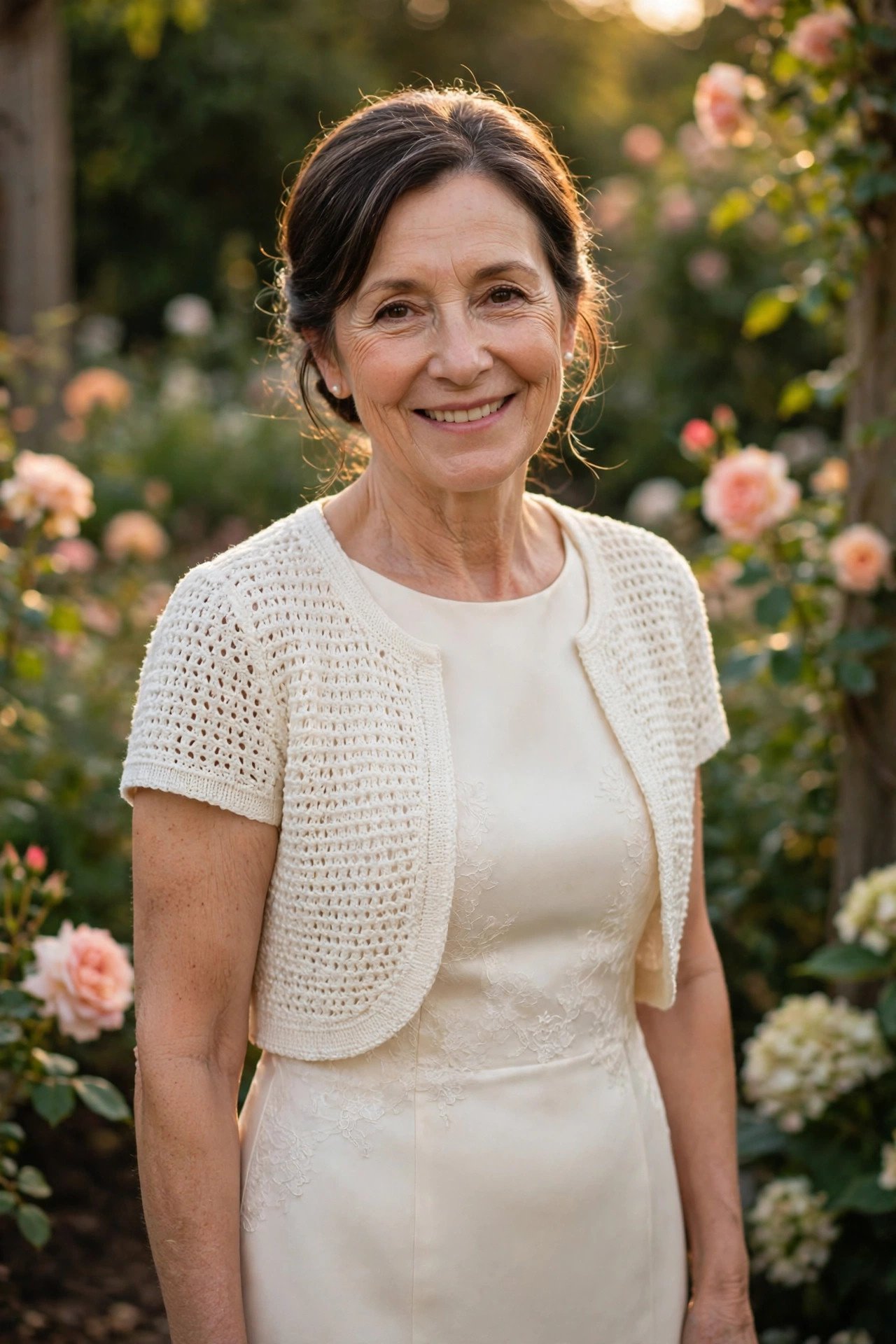 Petite mother of the bride in a sleeveless sheath with a cropped bolero