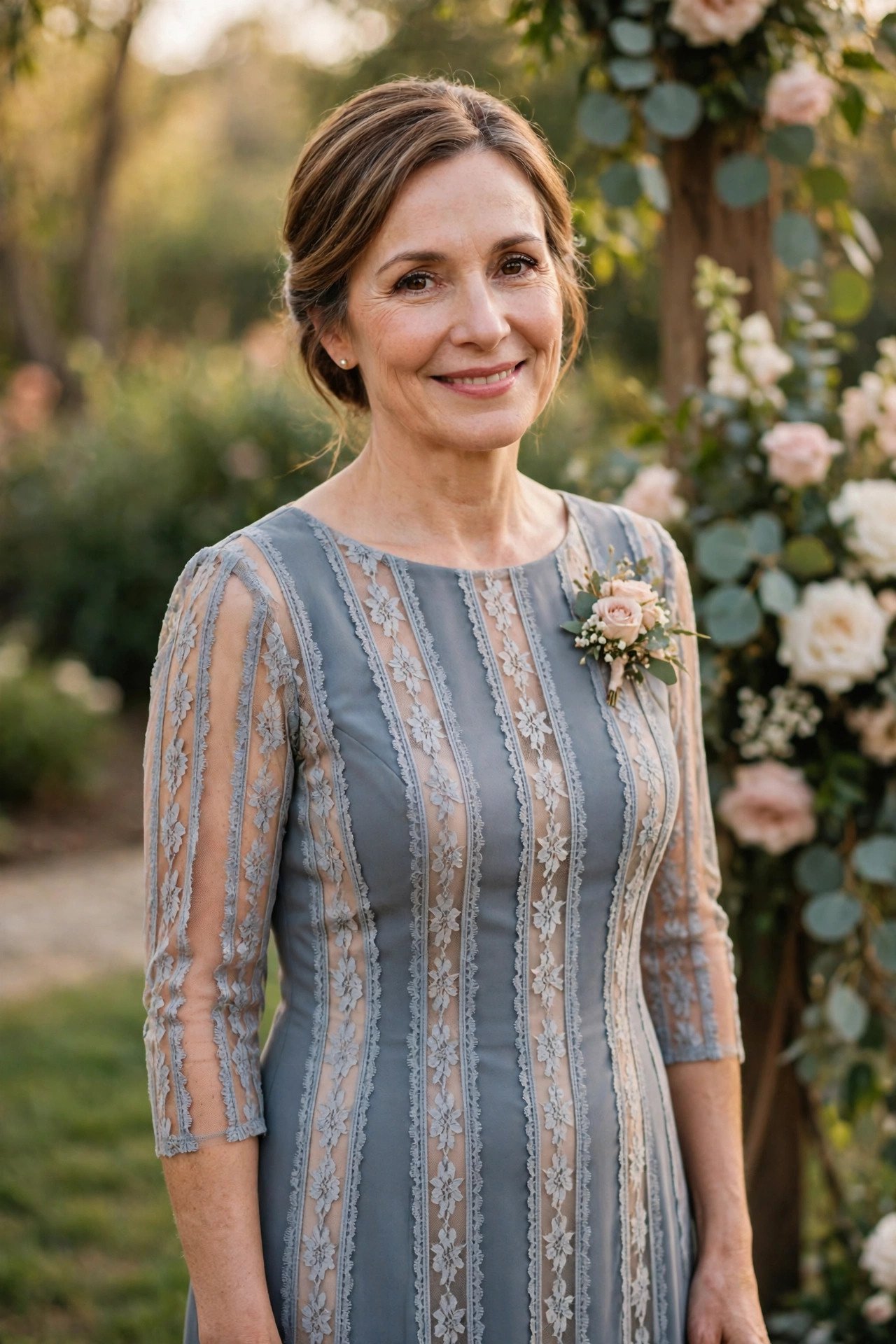 Petite mother of the bride in a dress with vertical lace illusion panels