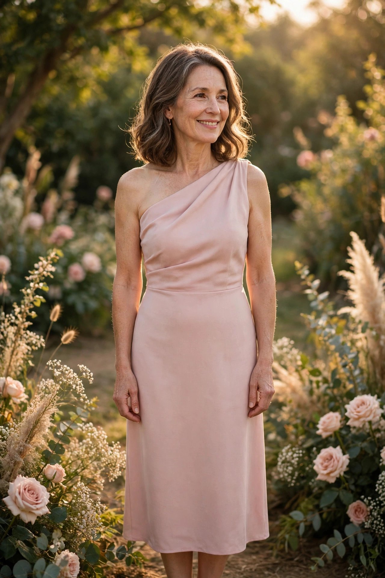 Petite mother of the bride in a one-shoulder midi dress