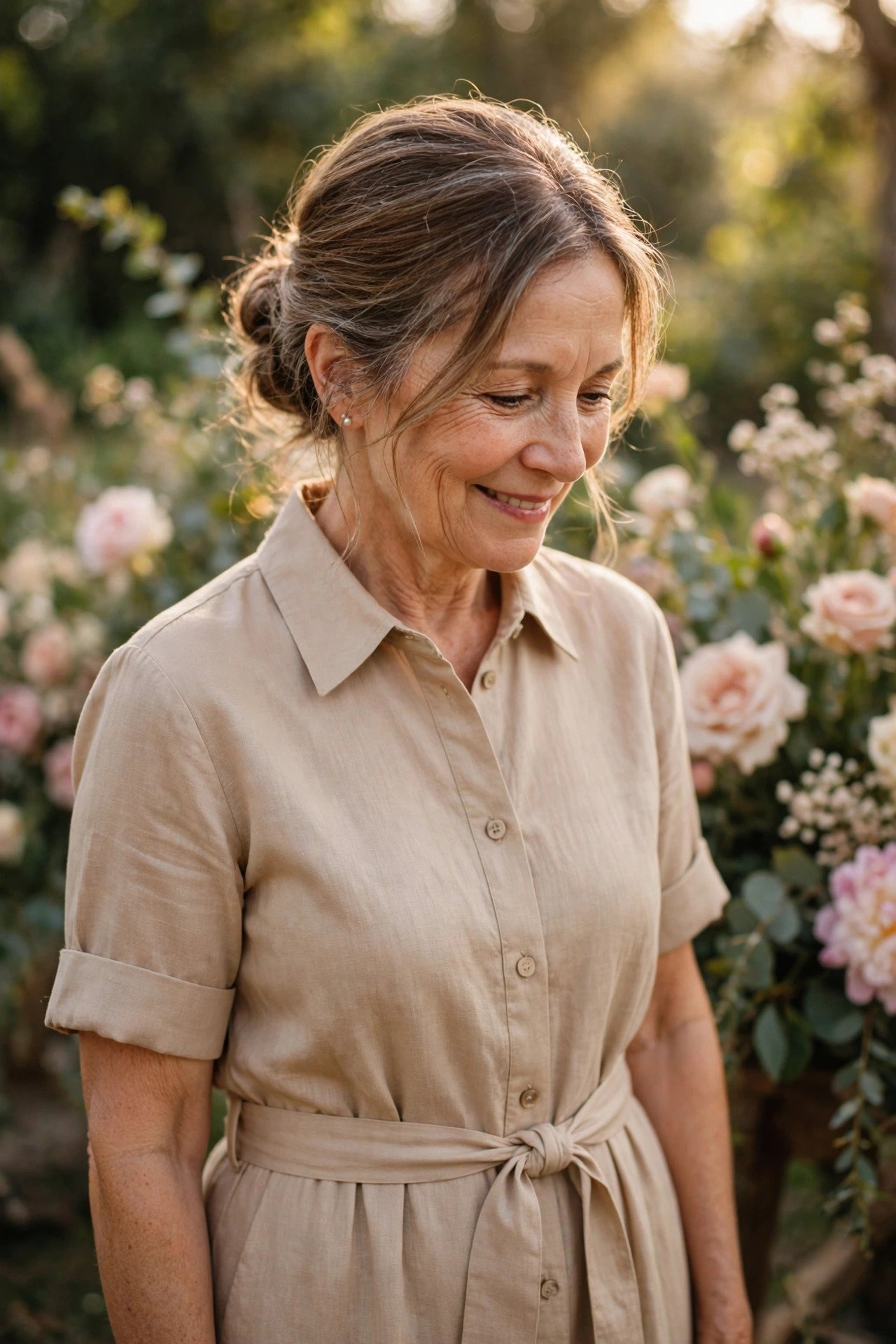 Petite mother of the bride in a belted shirtwaist-style dress