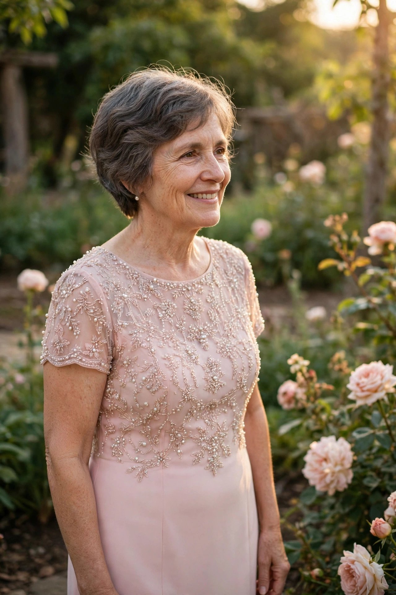 Petite mother of the bride in a short-sleeve beaded cocktail dress