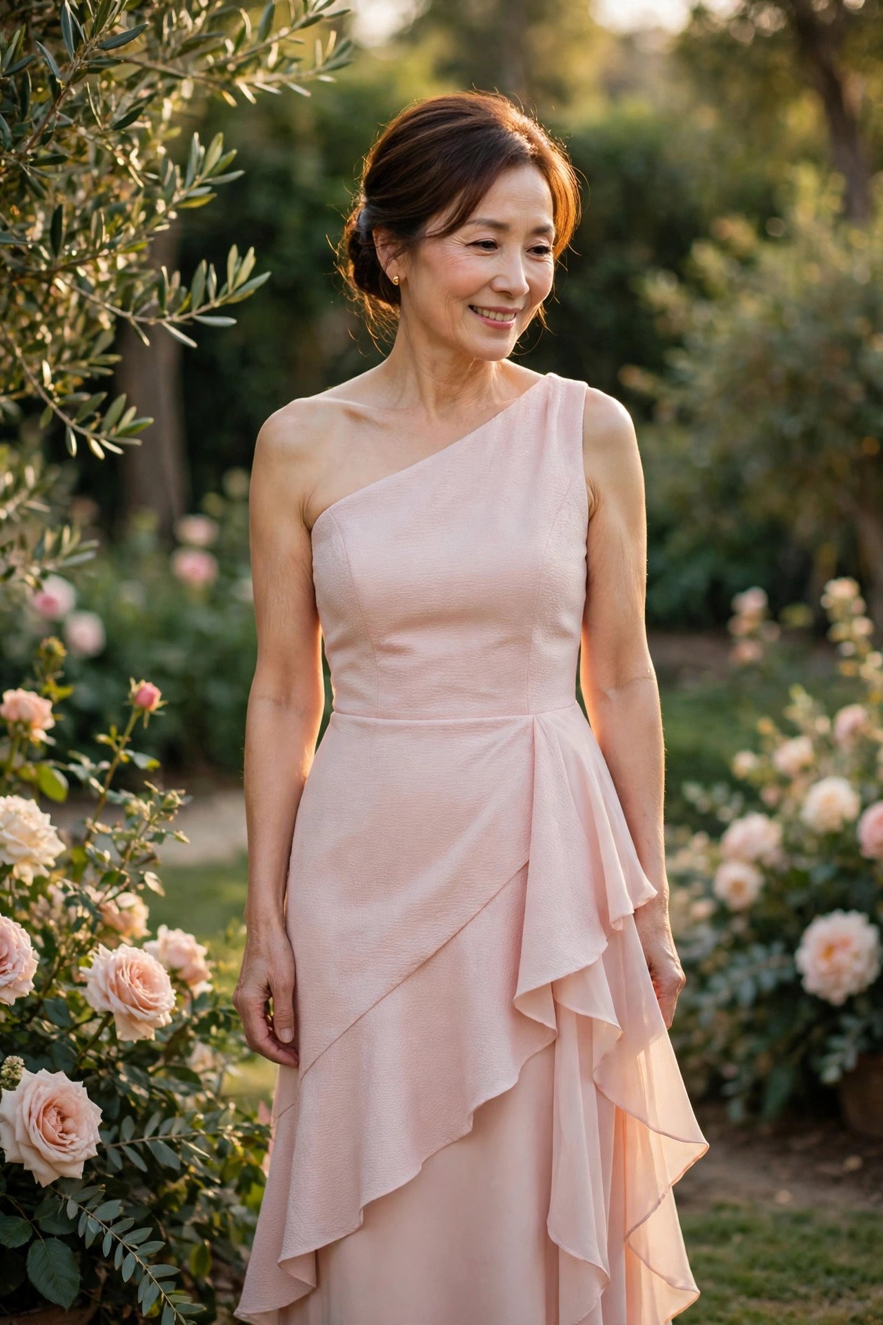 Petite mother of the bride in an asymmetric hem dress