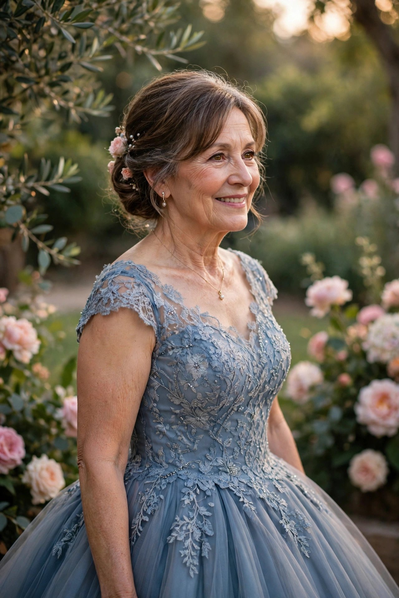 Petite mother of the bride in a petite-proportioned ballgown
