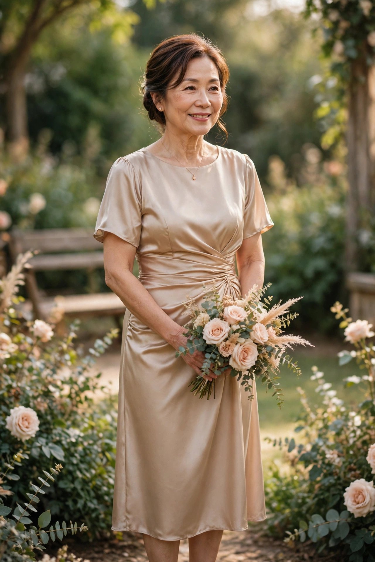 Petite mother of the bride in a satin midi dress with a ruched waist