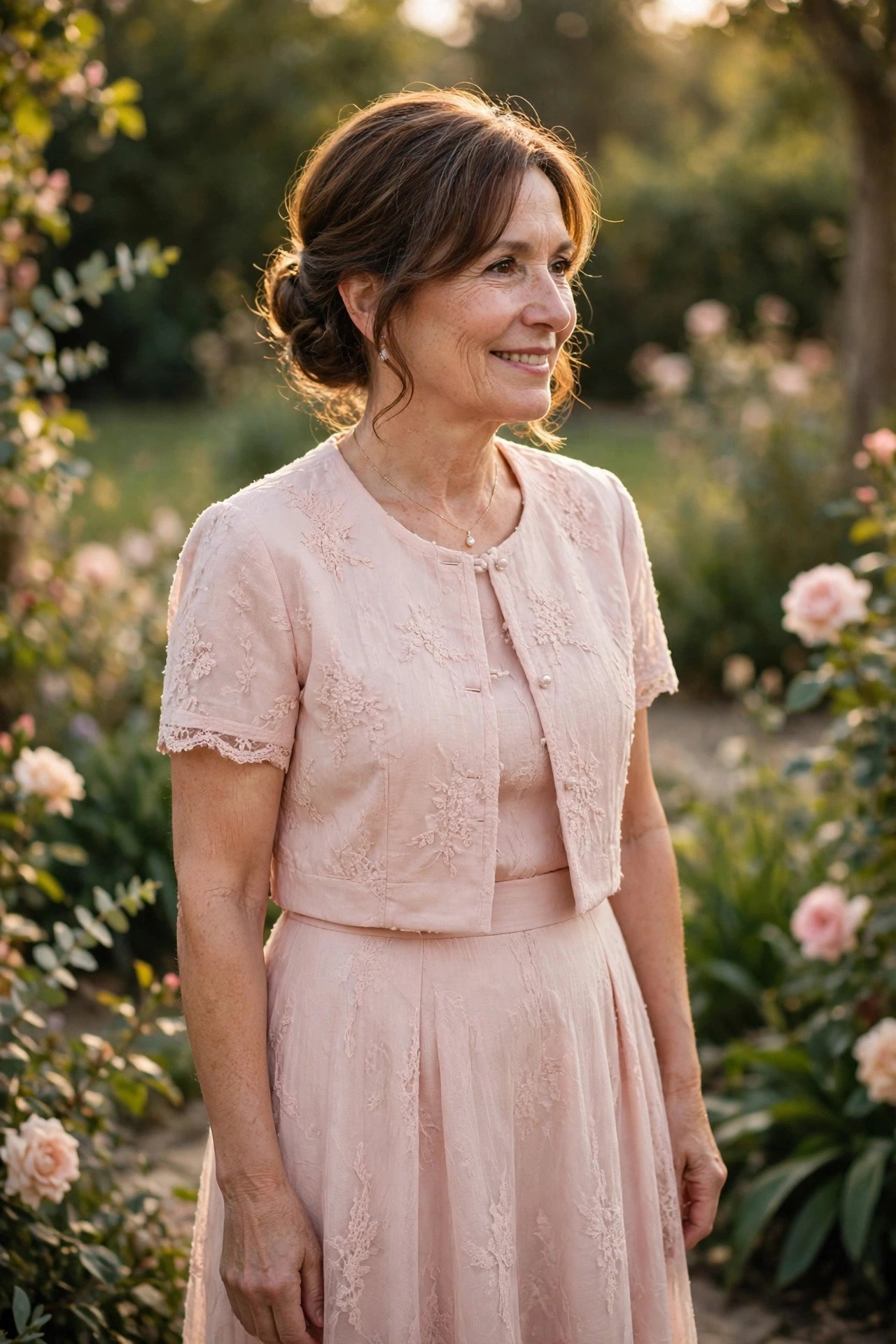 Petite mother of the bride in a two-piece petite dress set