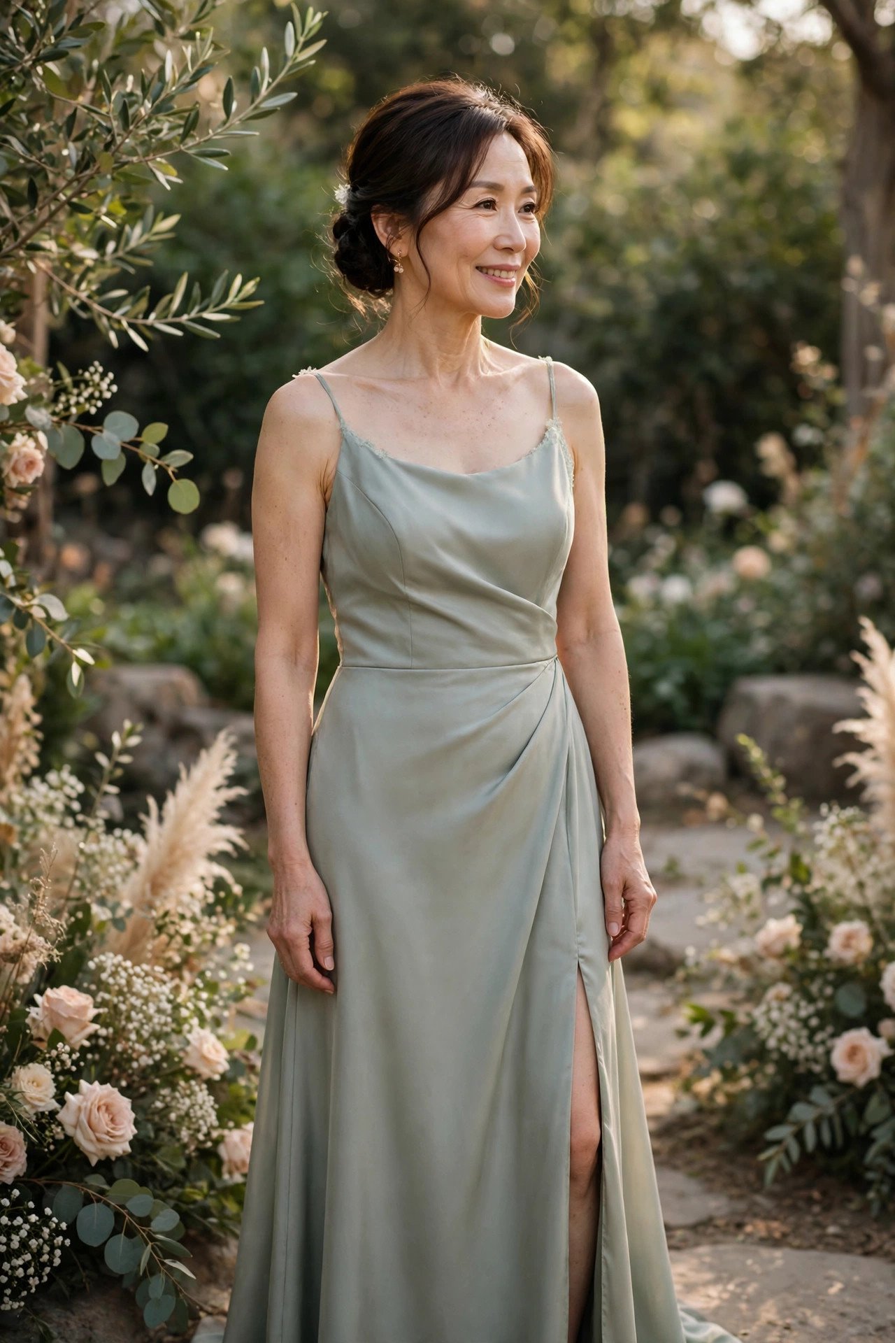 Petite mother of the bride in a long gown with a high side slit