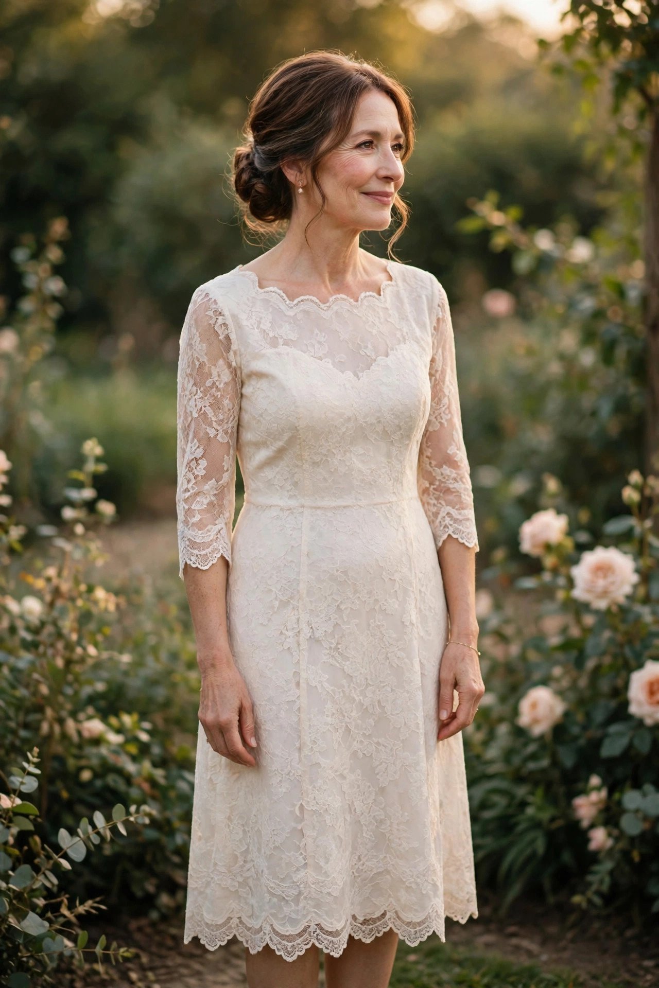 Petite mother of the bride in a scalloped-lace tea-length dress