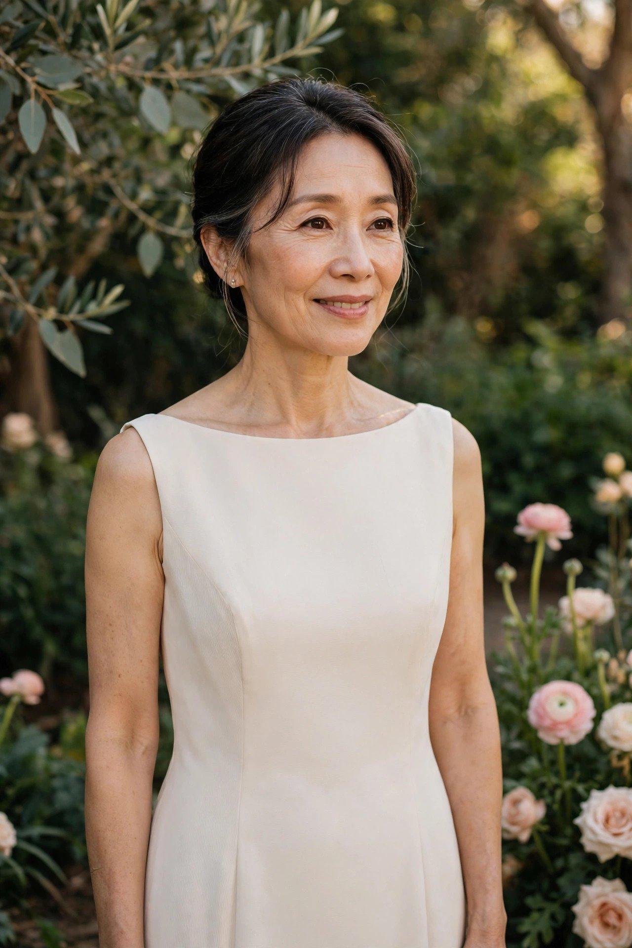 Petite mother of the bride in a minimalist crepe gown