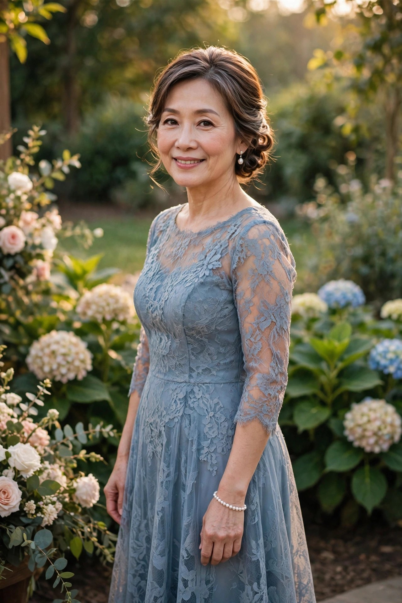 Petite mother of the bride in an elegant tea-length dress