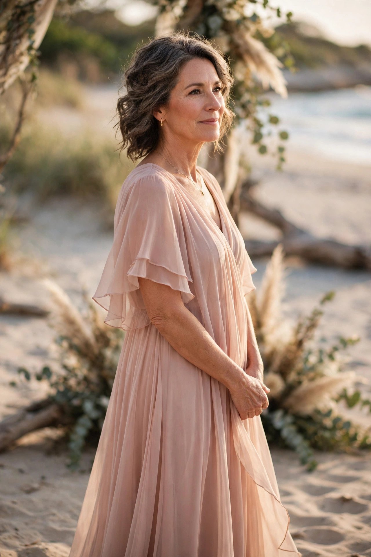 Mother of the bride in a flowy chiffon maxi dress at a beach ceremony