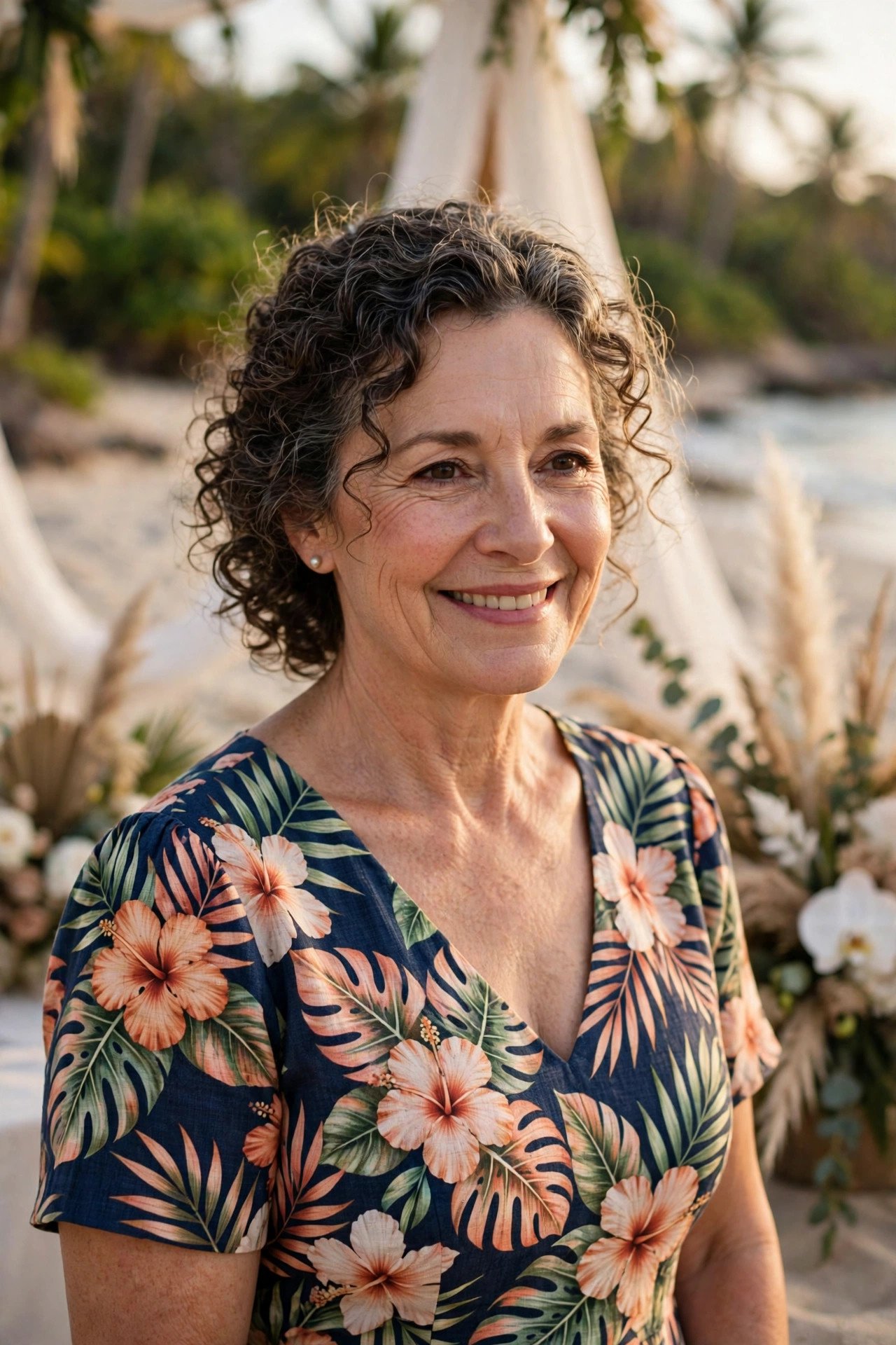 Mother of the bride in a tropical floral print dress at a beach wedding
