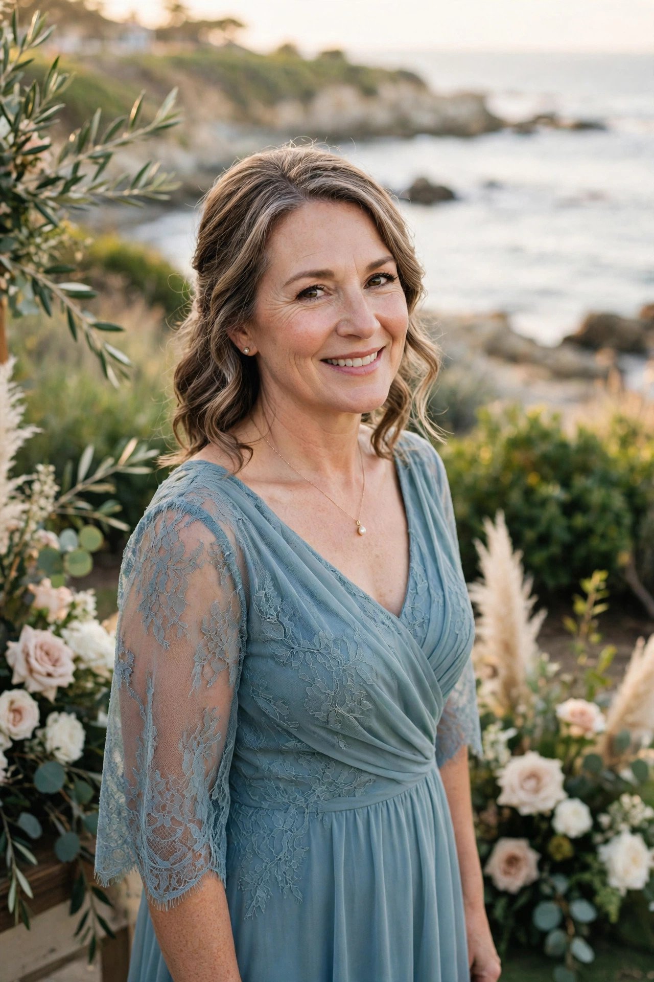 Mother of the bride in a sea-glass blue dress at a coastal wedding