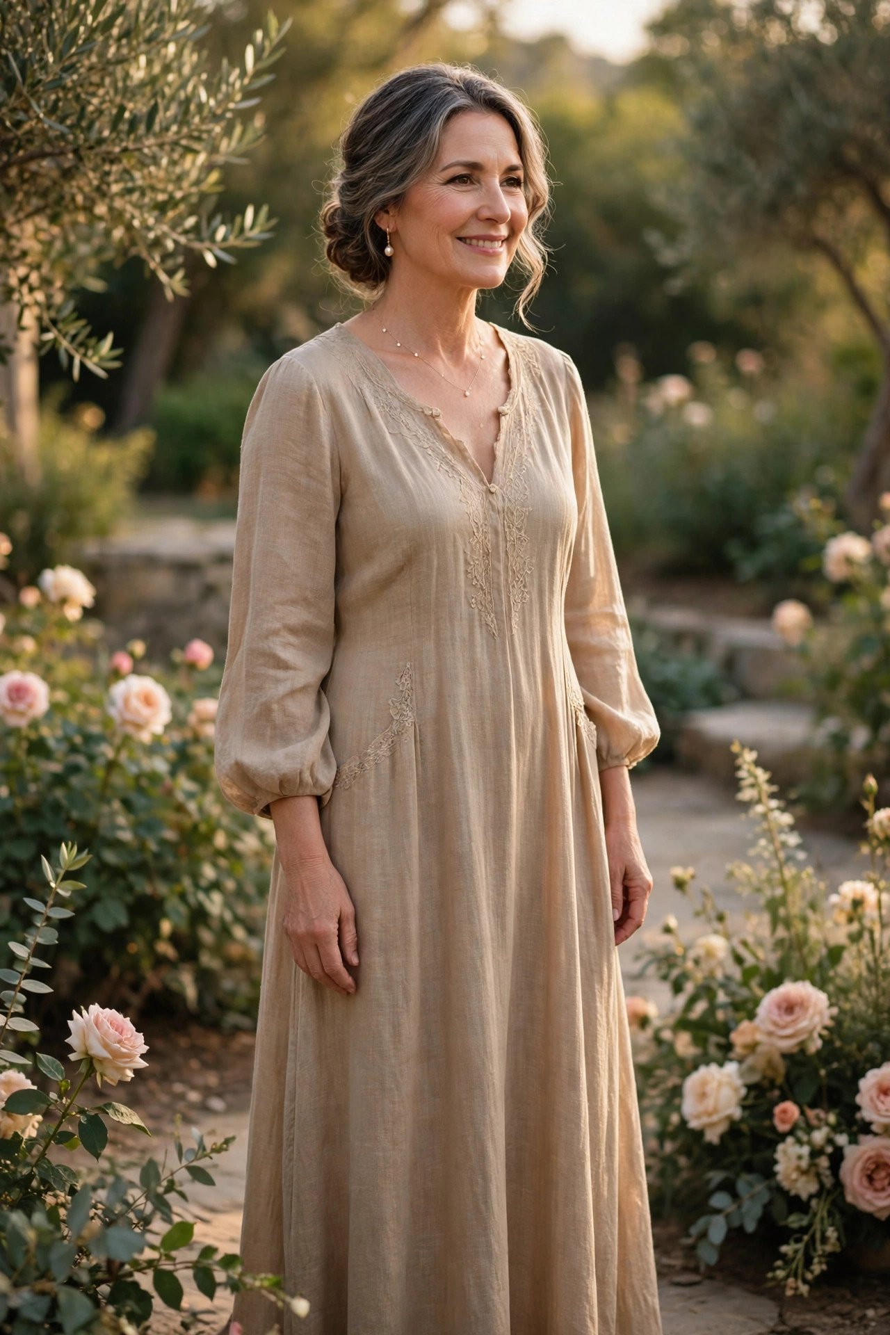 Mother of the bride in a refined linen-blend maxi dress