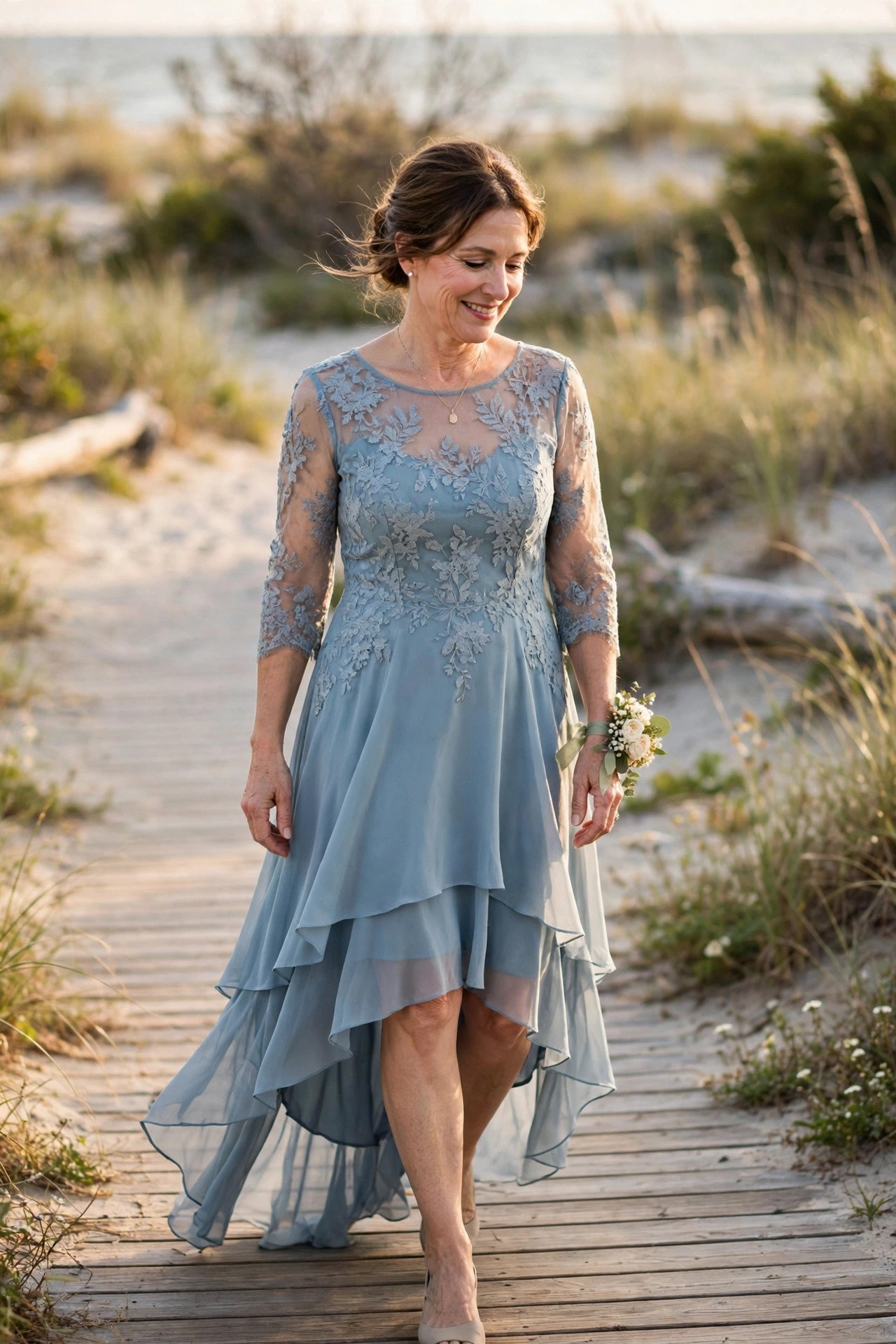 Mother of the bride in a high-low hem dress walking on a boardwalk
