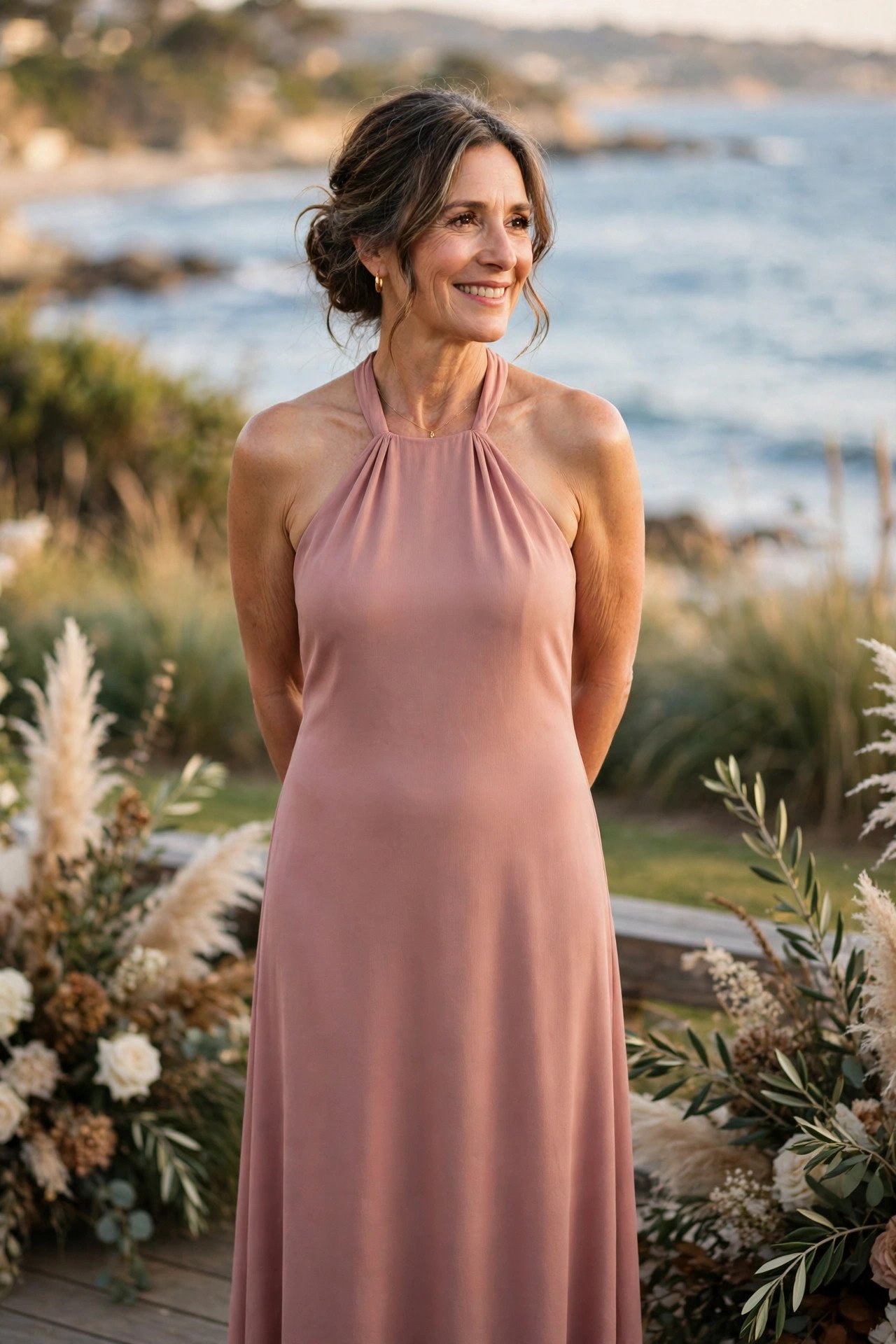 Mother of the bride in a halter-neck maxi dress at a seaside wedding