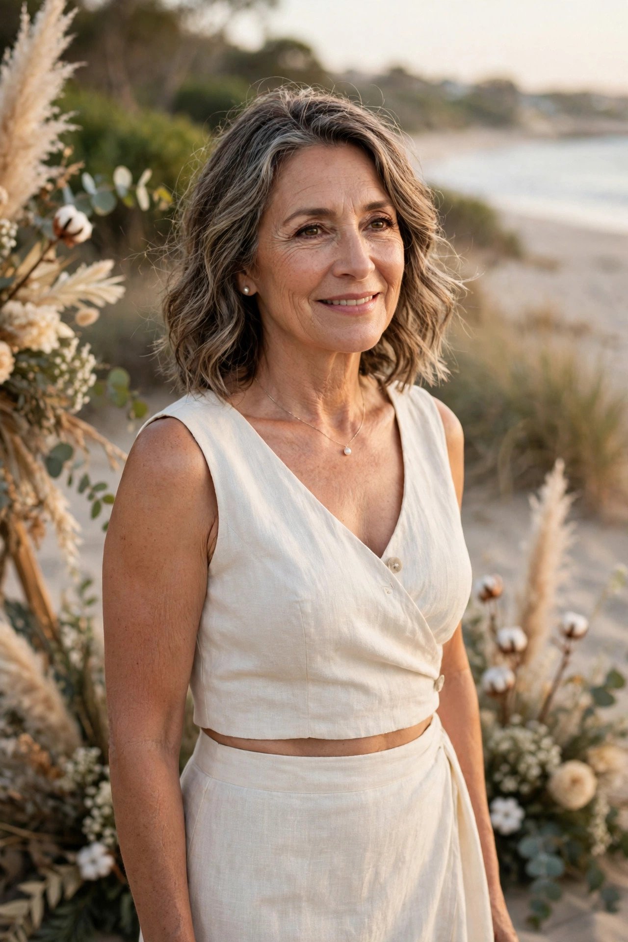 Mother of the bride in a two-piece beach wedding set