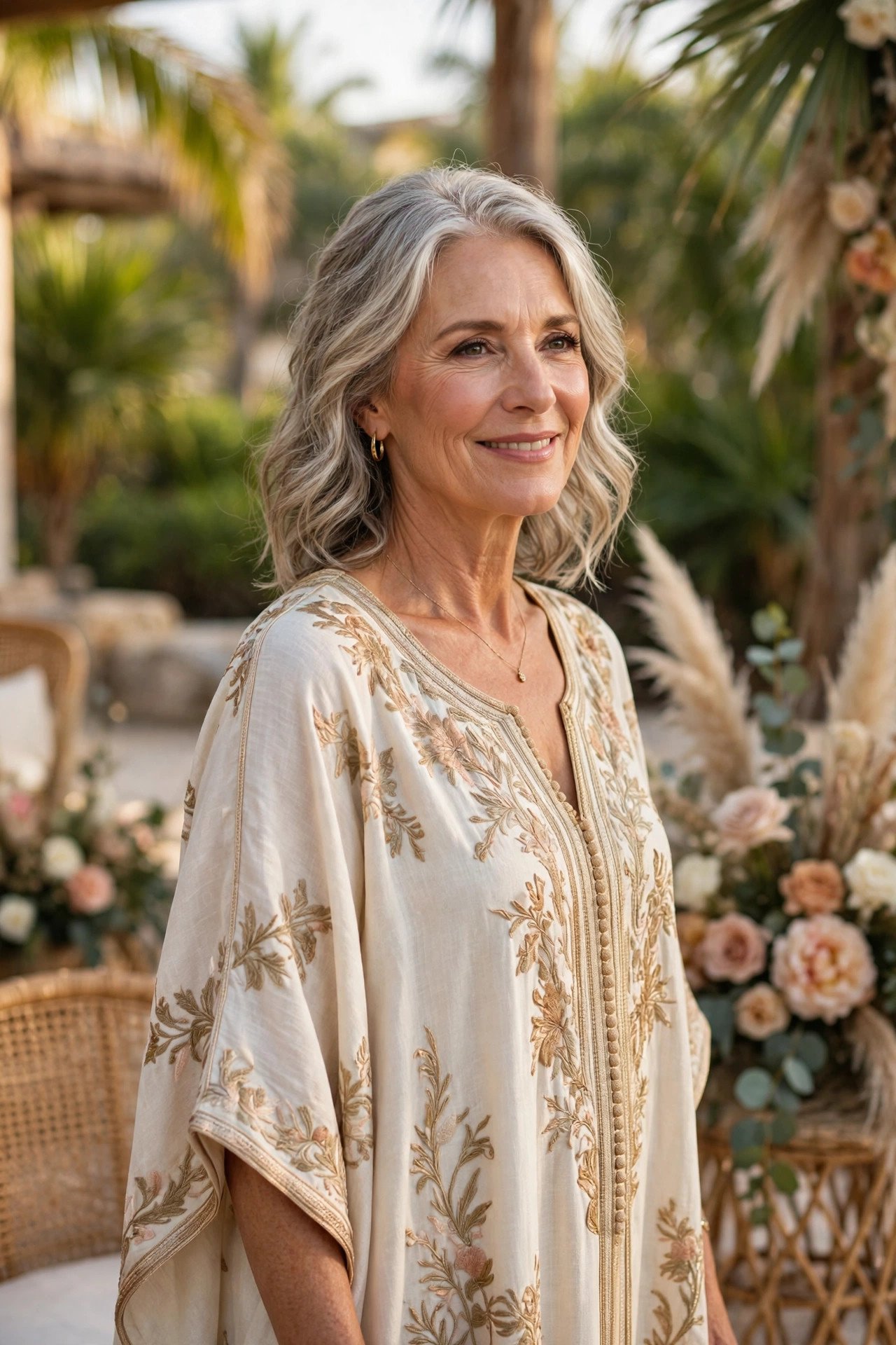 Mother of the bride in an elegant kaftan-style dress at a resort wedding