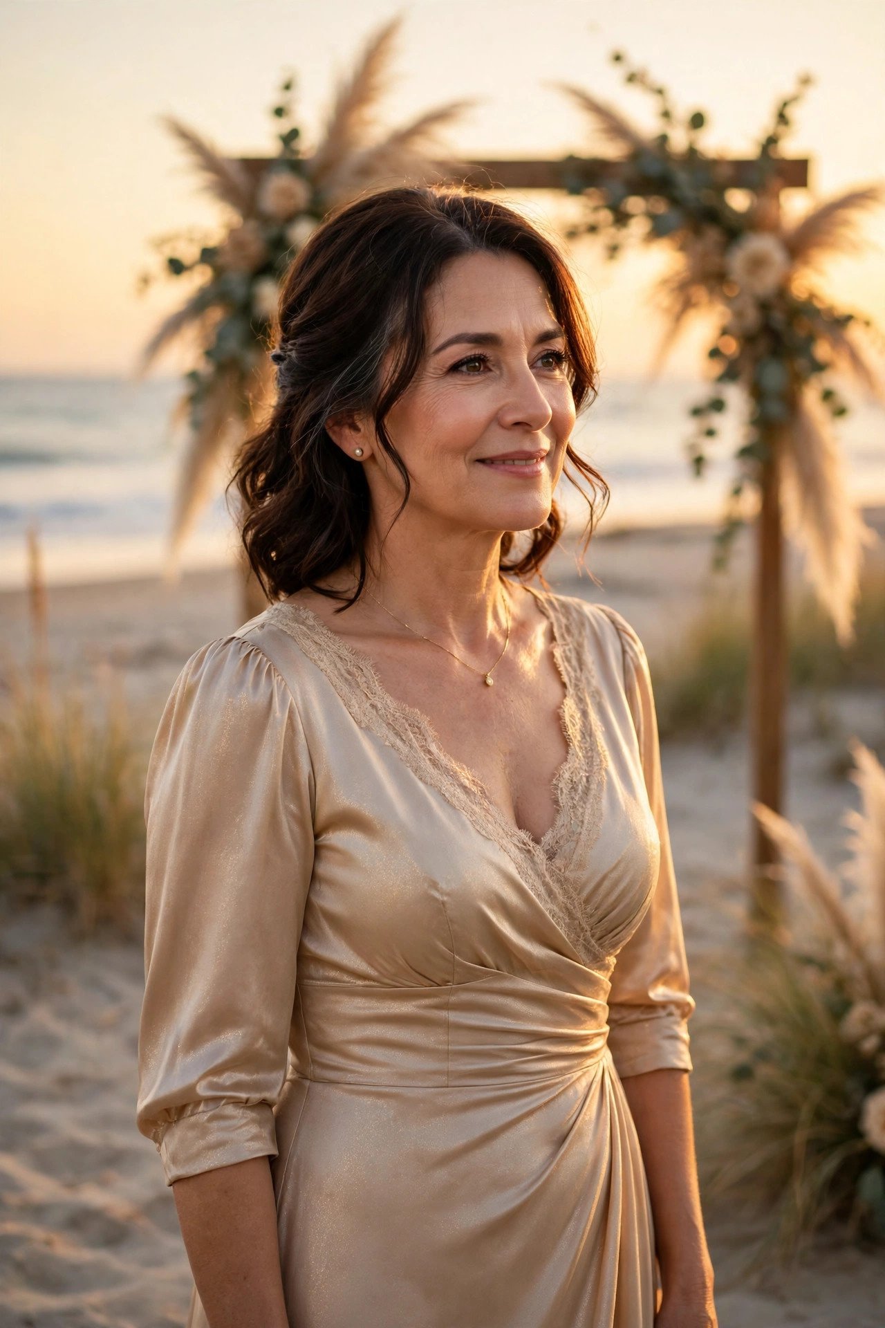 Mother of the bride in a champagne dress at a sunset beach ceremony